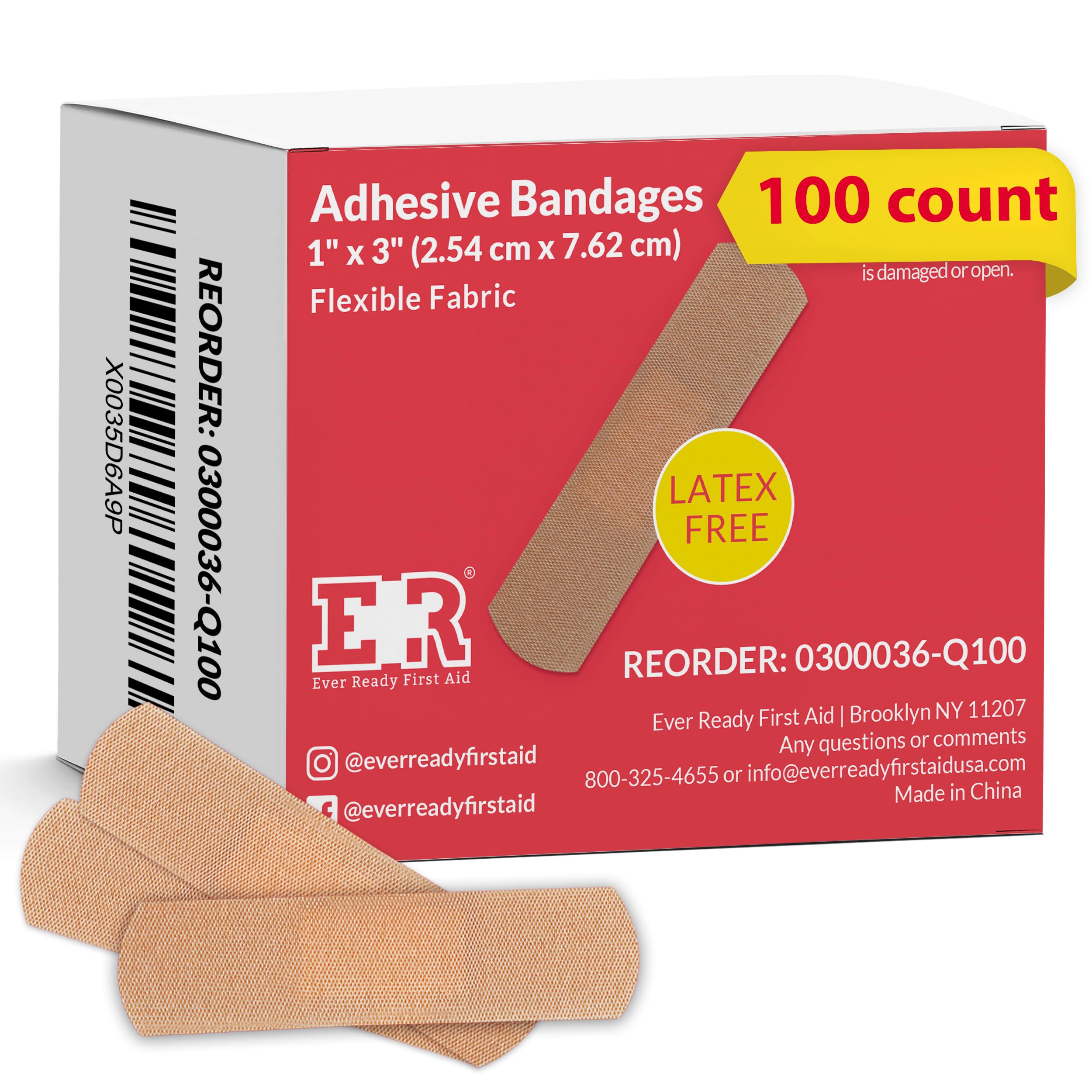 Ever Ready First Aid1” x 3” Fabric Adhesive Bandages, Latex-Free Stretchy Strips – 100 Count