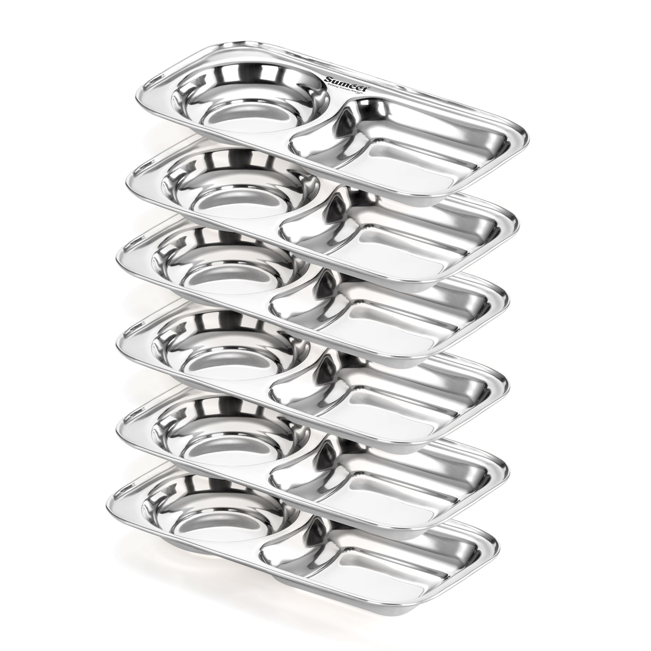 Sumeet Stainless Steel Small 2 in 1 Compartment/Partition Plate usefull for Snacks/Breakfast/Portion Control Meal/Diet, Rectangle, 23.5 x 11.7cm, Set of 6Pcs-image-3