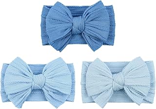 Handmade Baby Girl Headbands with Bows, Soft Stretchy Nylon Baby Headbands, Baby Bows for Girls, Blue Headband for Infants Toddlers（3Pack Blue）