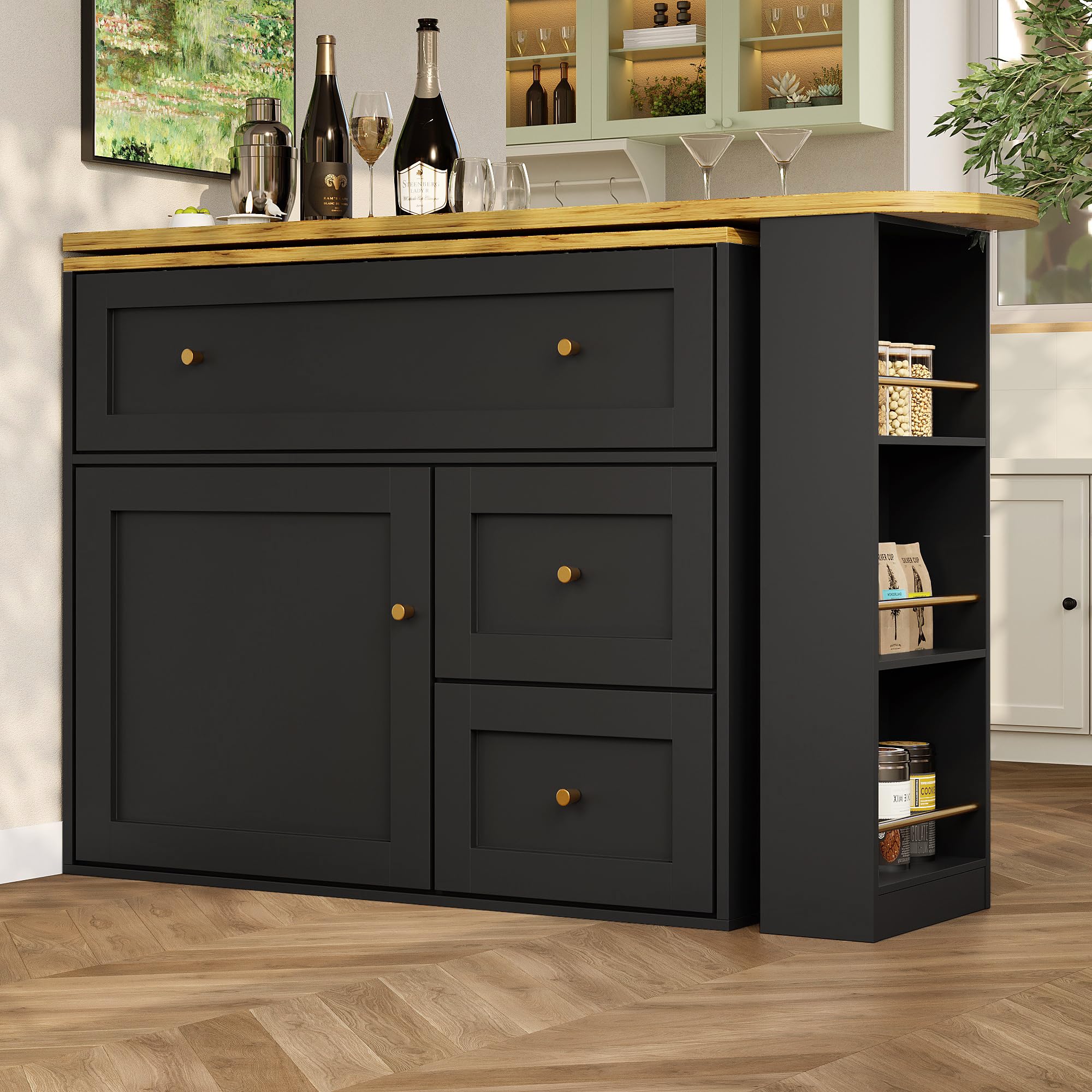 Tavolo allungabile da bar con archiviazione, bistrot telescopico mobile con scaffale per snack, 138 – 204 x 39 x 105 cm (nero)