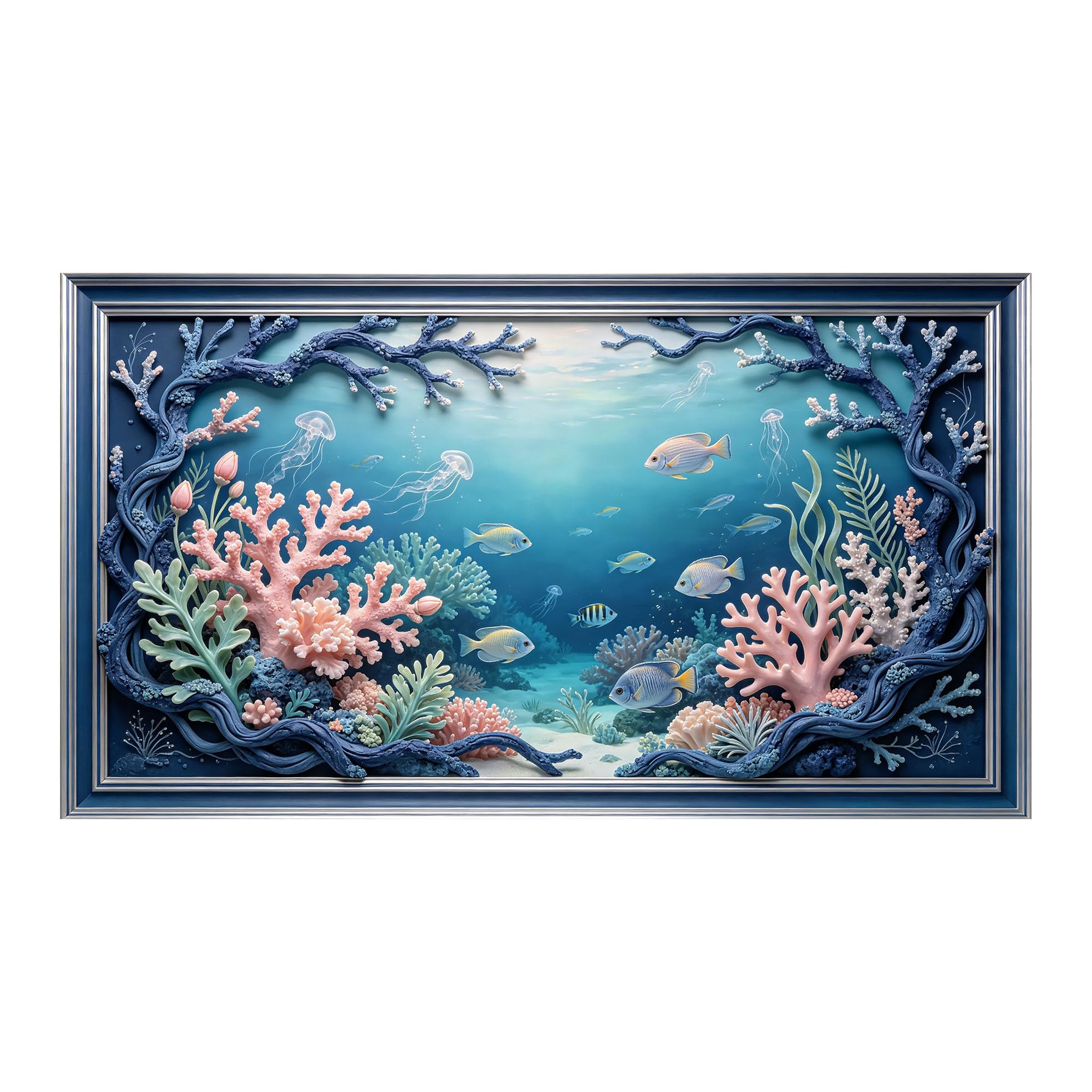 Murasolite 3D Framed Wall Art Coral Reef Ocean Seascape Marine Style SelfAdhesive Fabric Mural Wall Decor， Peel and Stick No Damage to Wall， AntiFall Safe Design for Bedroom Living Room