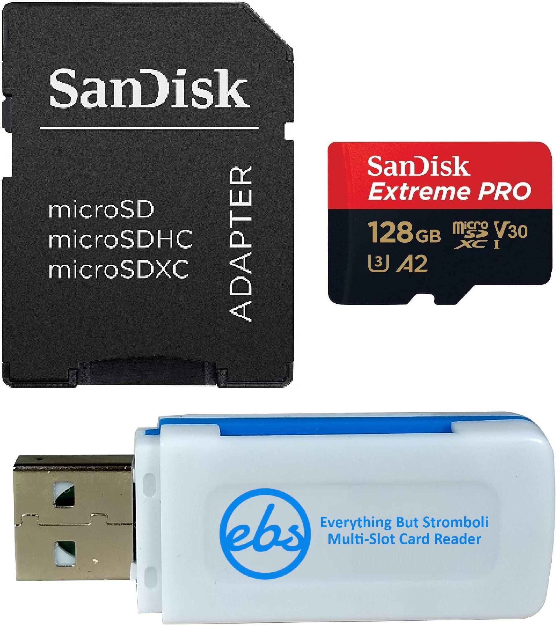 SanDisk 128GB Micro SDXC Extreme Pro Memory Card Works with DJI Osmo Action Camera (SDSQXCD-128G-GN6MA) Class 10, UHS-1, U3, 4K, Bundle with (1) Everything But Stromboli SD, MicroSD Card Reader