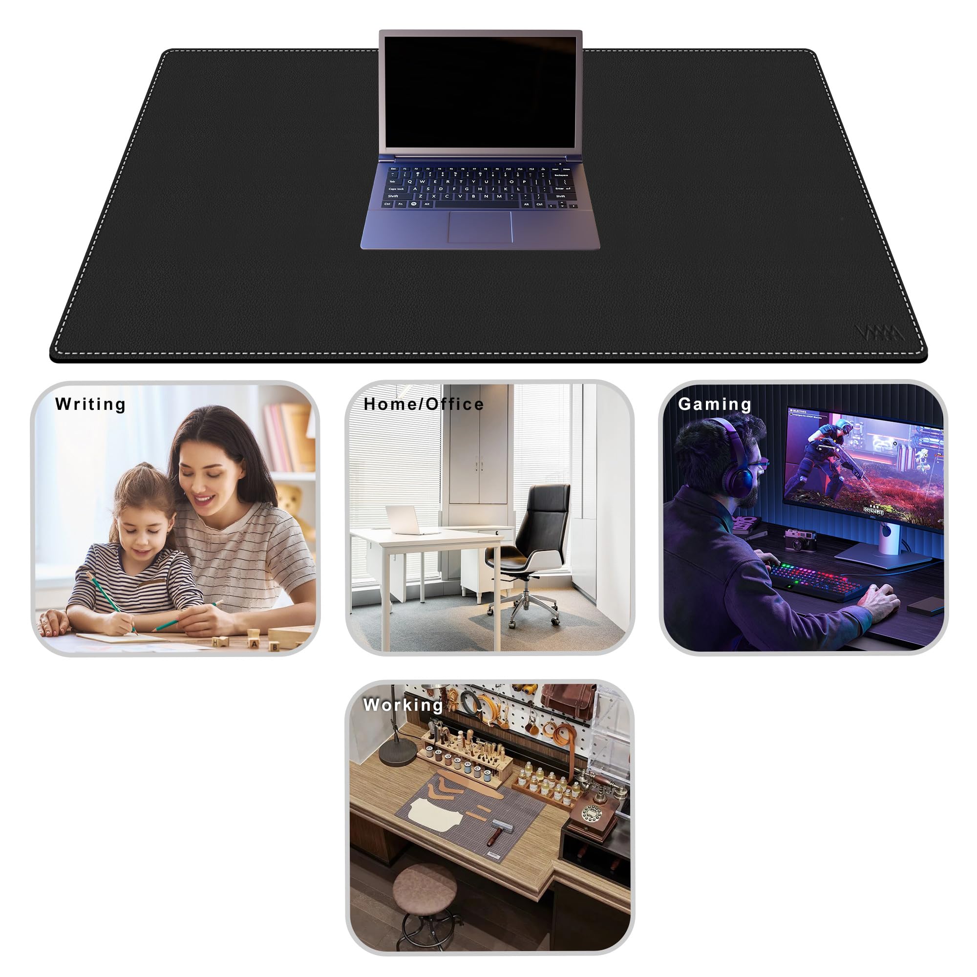 Vyaaa Tapis de Bureau en Cuir, 100 x 60cm Sous Main, Double Face Tapis de Souris pour la Maison ou le Bureau (Noir)