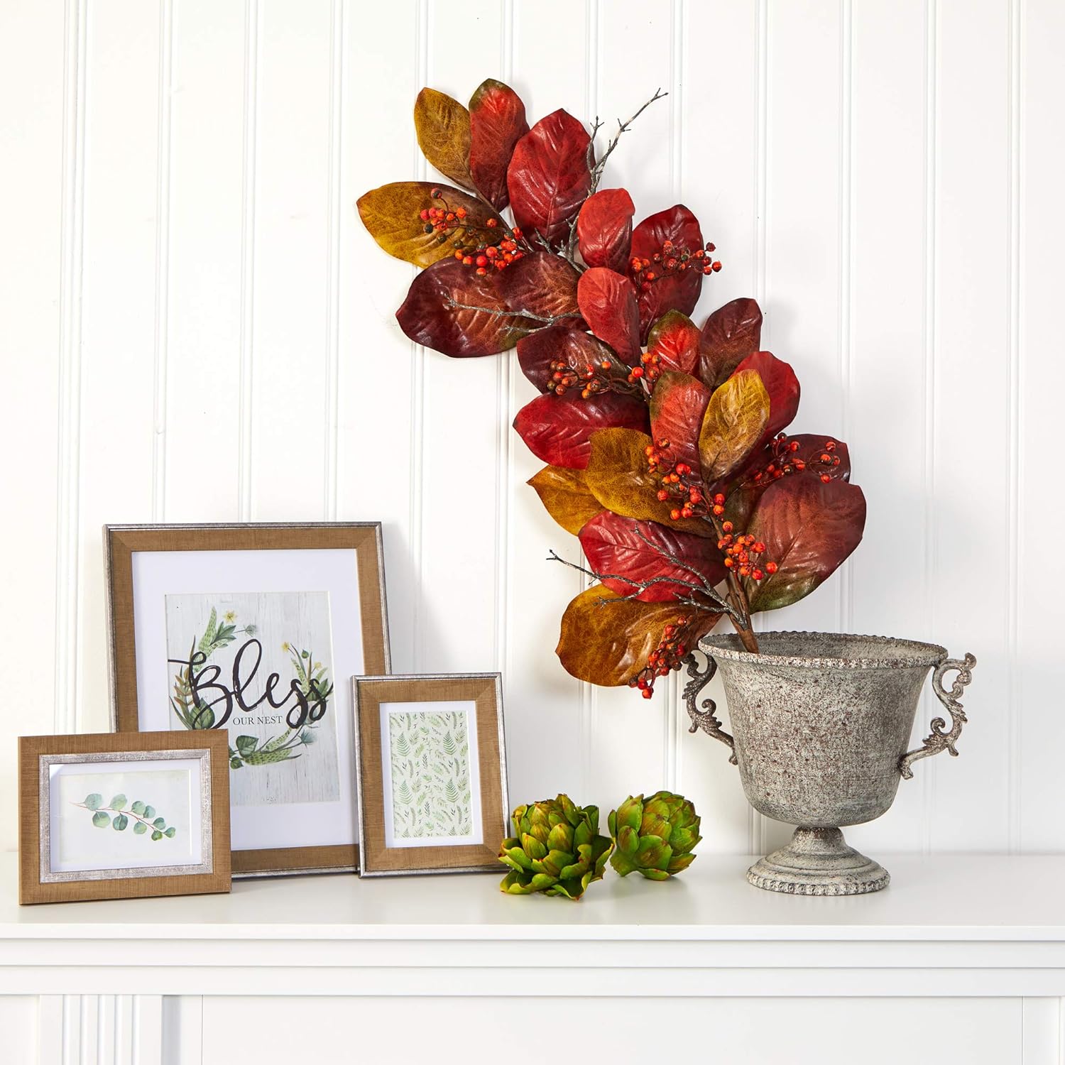 Nearly Natural 36in. Autumn Magnolia Leaf with Berries Artificial Tear Drop