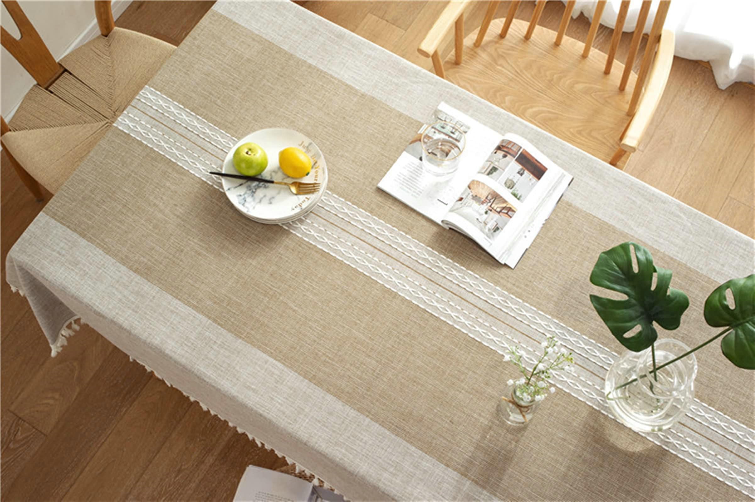 Gualiy Mantel de Cocina Rectangular, Poliéster Algodón Manteles Mesa de Cafe 140x100CM Mantel Antideslizante Cocina Rayas con Borlas Mantel para Mesa Salon, Caqui