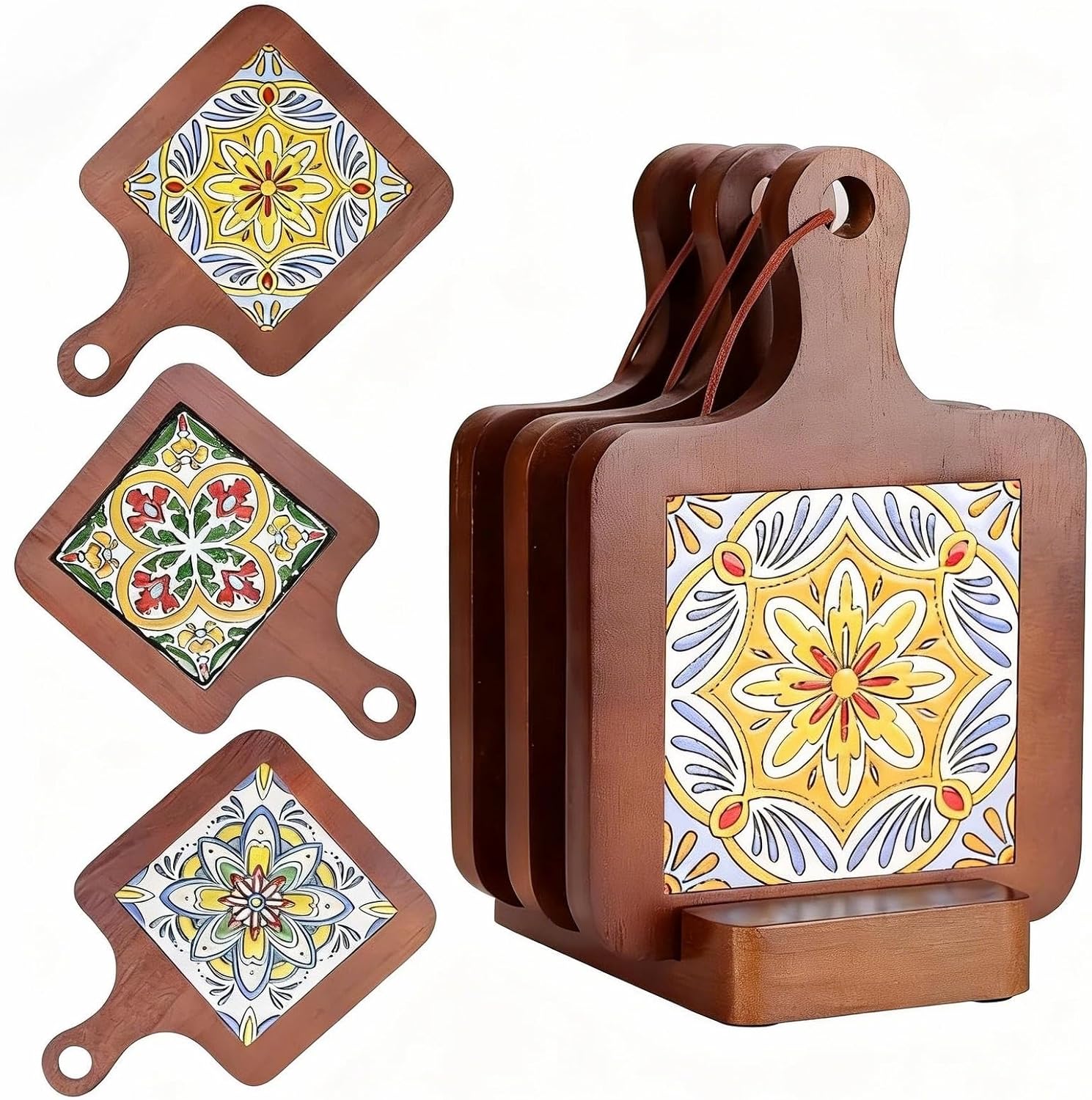 Wooden Trivets for Hot Dishes，3-PCS Set of Wooden Non-Slip Coasters with Stand,Base is Also a Cell Phone Holder,hot Pads for Kitchen，Trivets for hot pots and Pans,Hot Pad to Portect Your Countertop