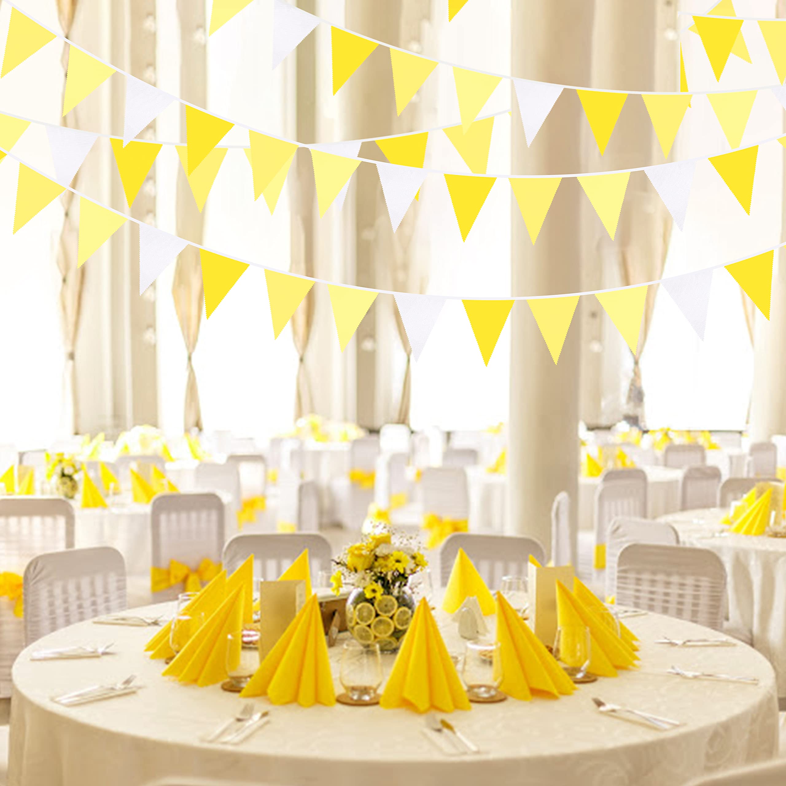 Banderín de tela de 32 pies, color amarillo y blanco, banderín para abejas, girasol, boda, cumpleaños, baby shower, aniversario, fiesta, hogar, guardería, jardín, decoración de festivales (36 piezas)