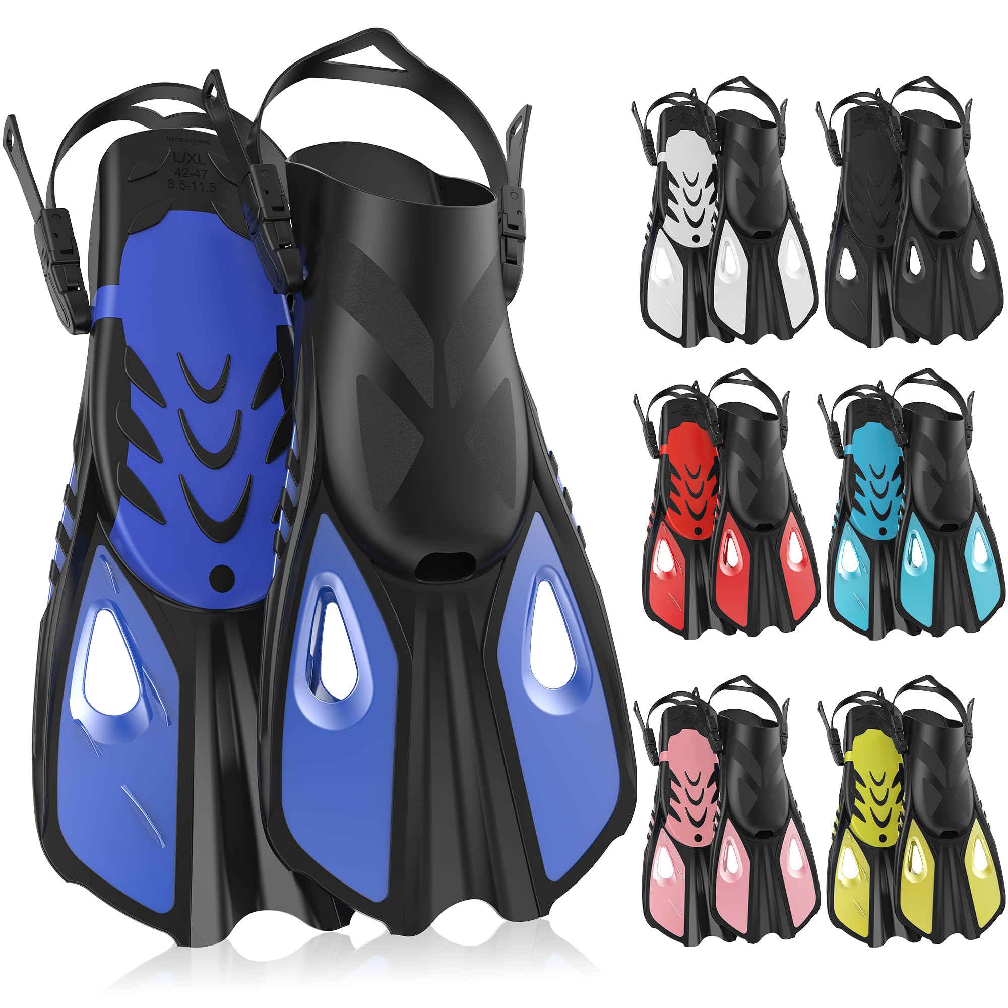 Snorkel Fins, Swim Fins Travel Size Short Adjustable for Snorkeling Diving Adult Men Women Open Heel Swimming Flippers (Blue, L/XL (UK 7.5โ10.5 / US 8.5โ11.5 / EU 42โ46))