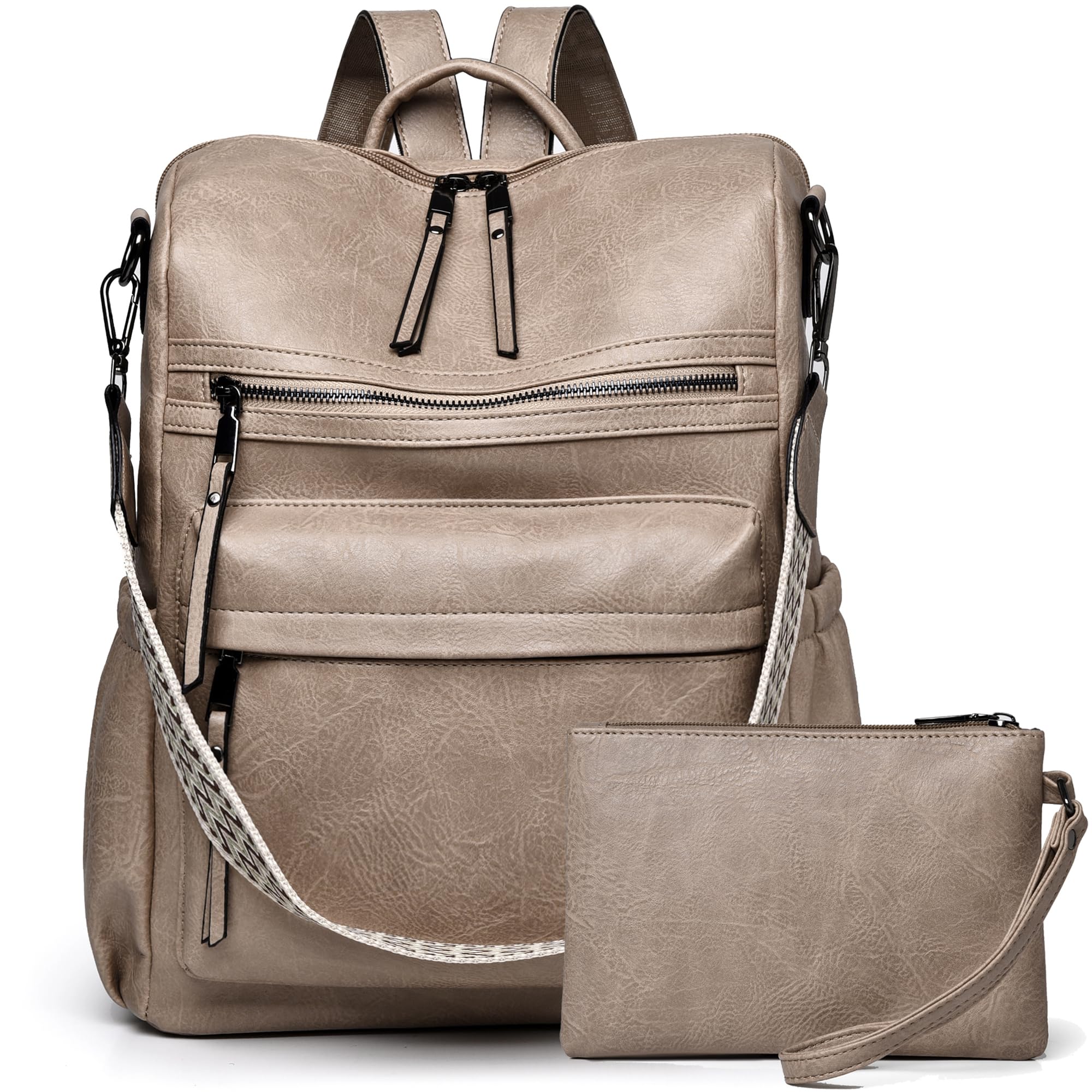 Dora & Liz Women's Apricot-2Pack Women Backpack Purse Fashion Leather Designer Ladies Convertible Travel College Shoulder Bags With Colorful Strap, Medium