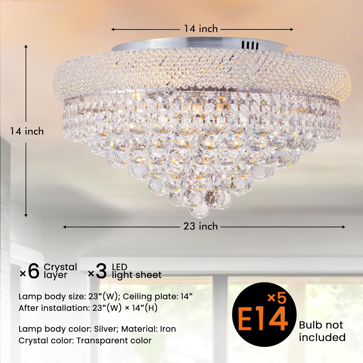 MORE CHANGE 23" Crystal Chandeliers Modern Silver Flush Mount Ceiling Lights Fixture 3 LED Color Changes Gorgeous Chandelier Ceiling Lighting for Living Room Kitchen Island