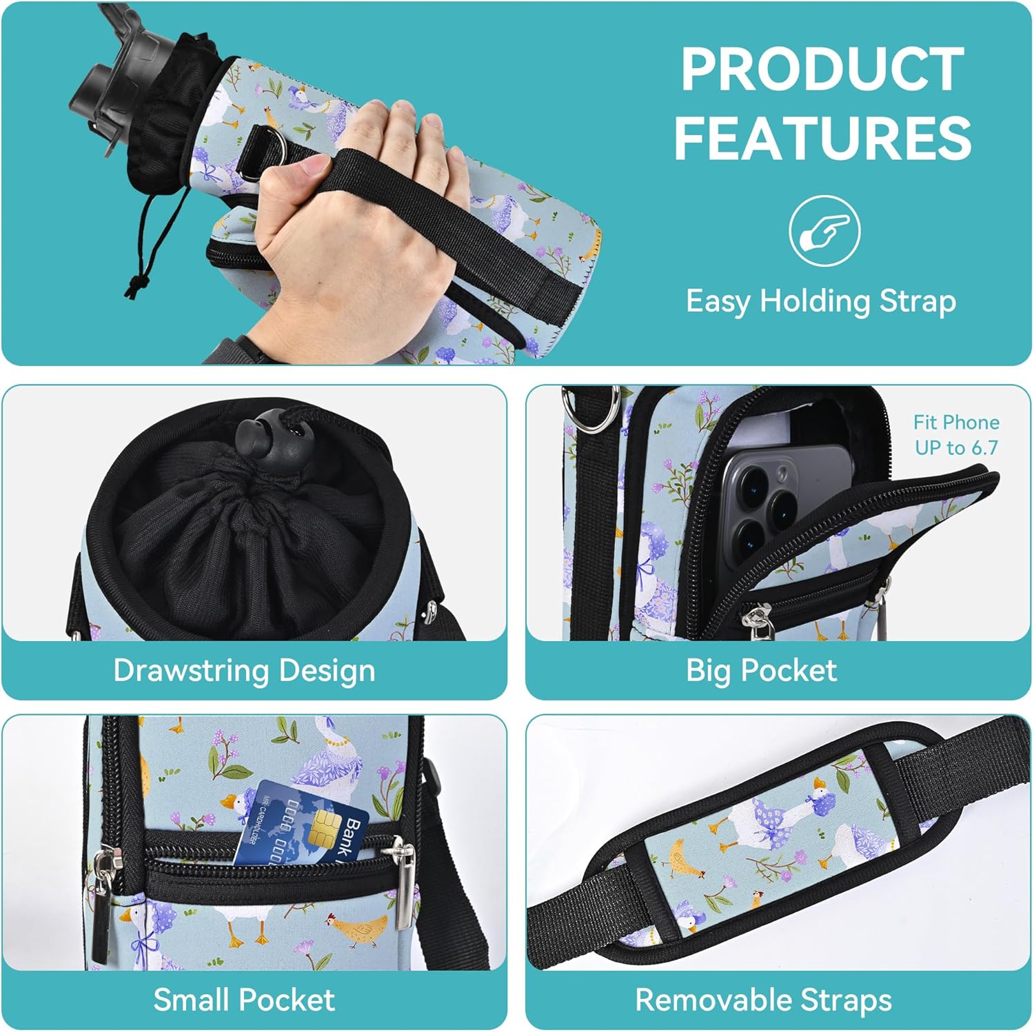 AUPET Water Bottle Sling Bag Sleeve Holder Carrier 25/32/40/64 oz,Insulated Crossbody Water Bottle Case Cover with Strap and Pockets for Men/Women Walking Hiking - Image 3