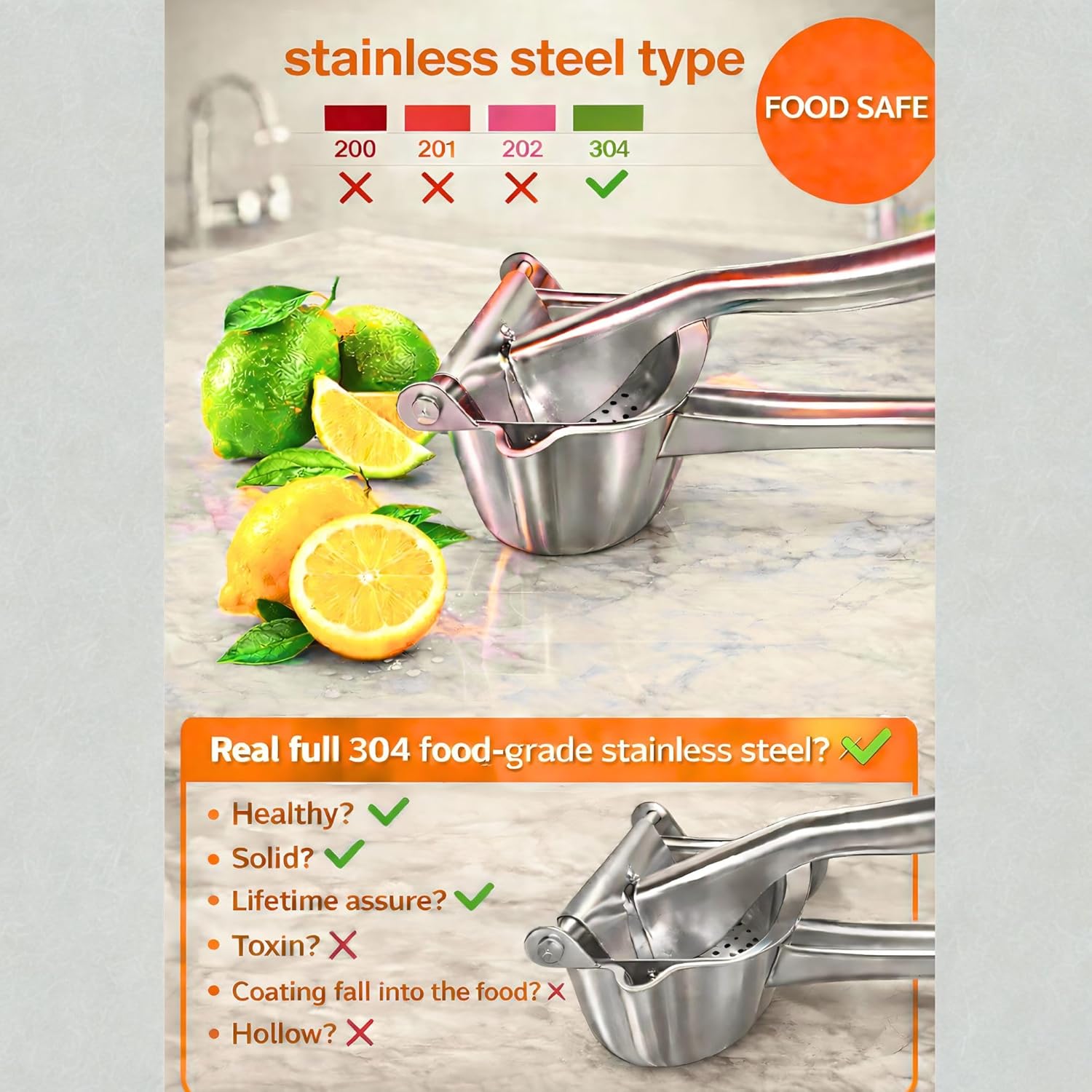 304 Stainless Steel Fresh fruit Juice Squeezer, Durable Hand Juice Squeezer, Citrus Press with Ergonomic Grip, Heavy Duty Manual Juice Extractor for Citrus and Other Fruits, Easy to Clean & Use Silver