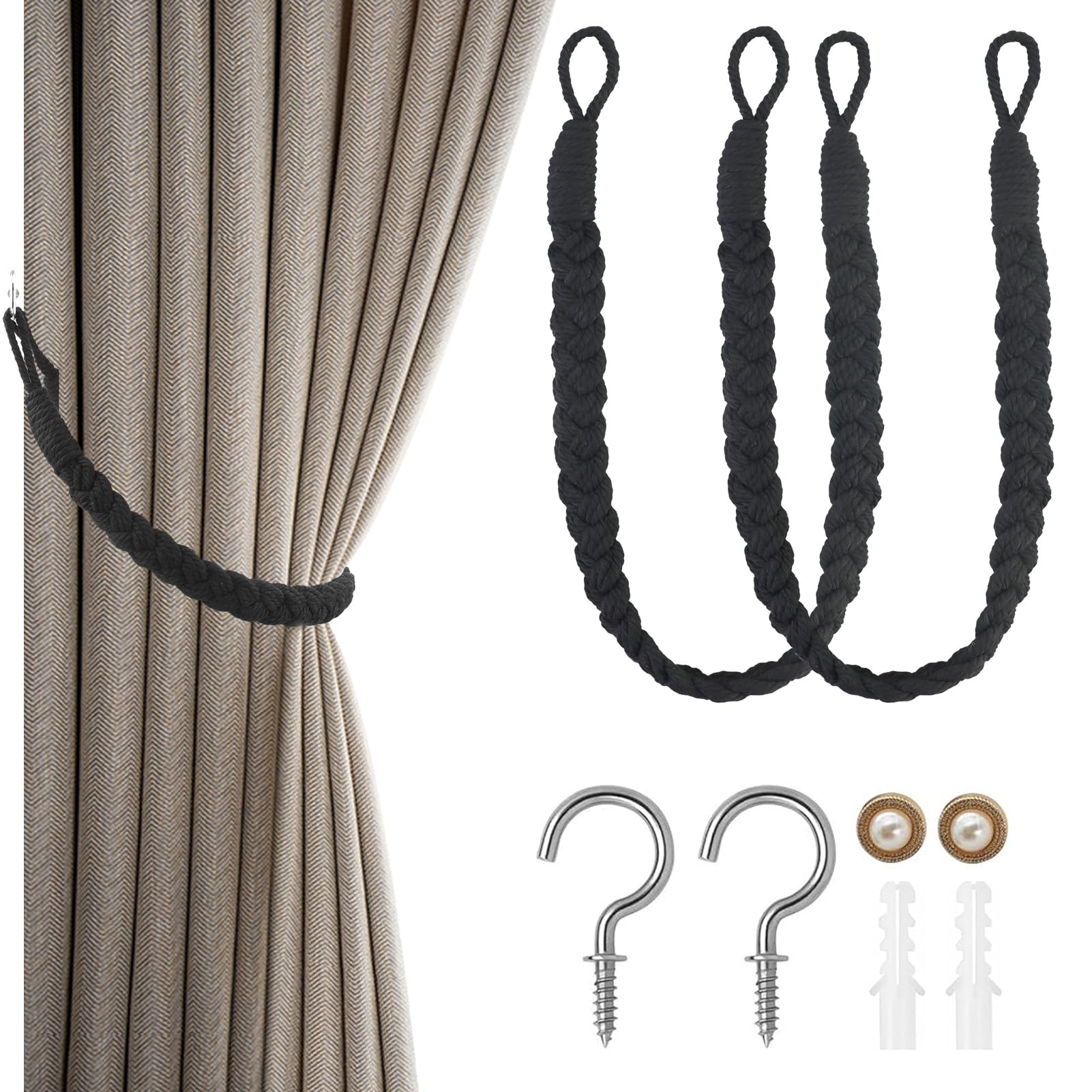 Lot de 2 embrasses de rideaux en coton naturel tricoté à la main pour rideaux de fenêtre - Tressé - Décoration pour rideaux - Boucle de corde