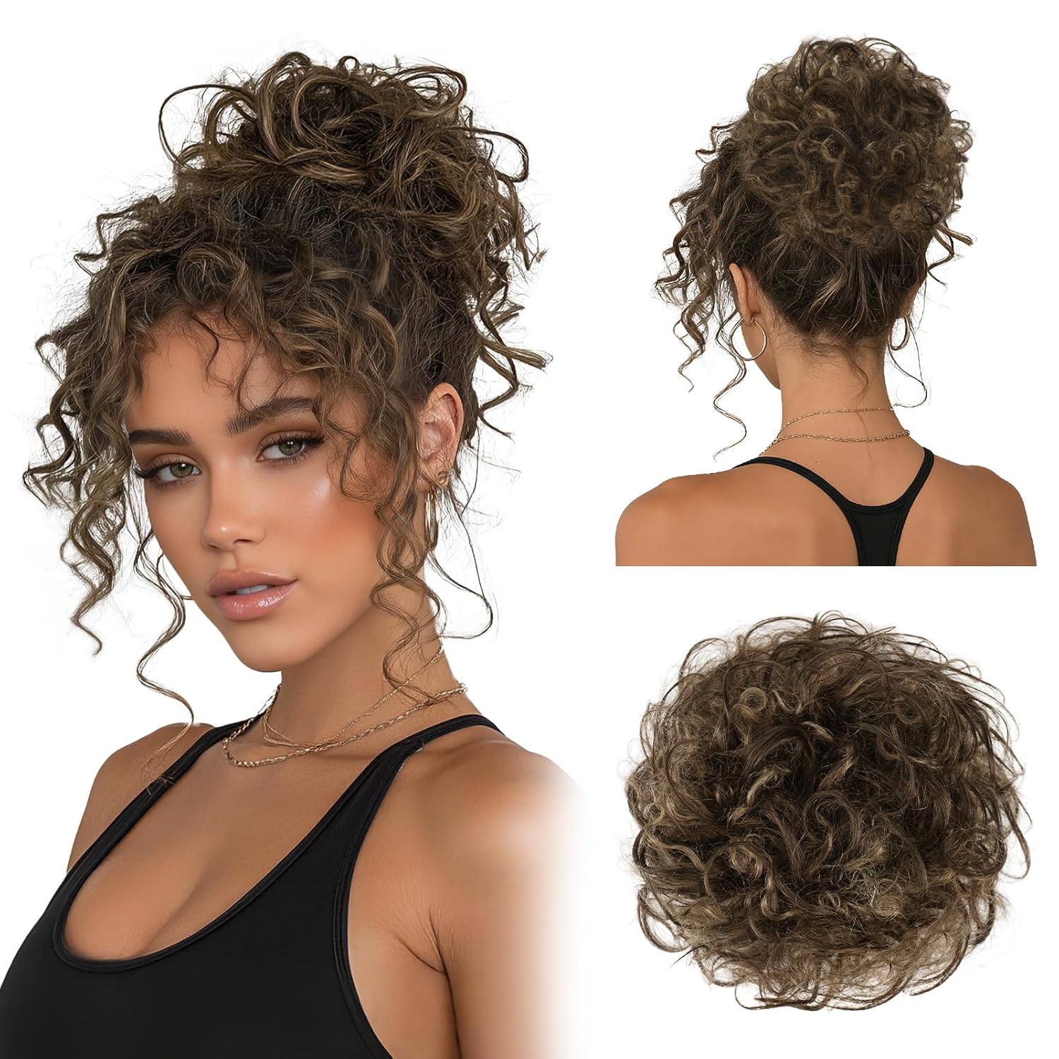 RUWISS Curly Messy Bun Hair Piece Human Hair, Thick Fluffy Scrunchies Updo for Daily, Natural Looking Hair Pieces for Women Daily Wear Ponytail Extension (Brown Mixed)