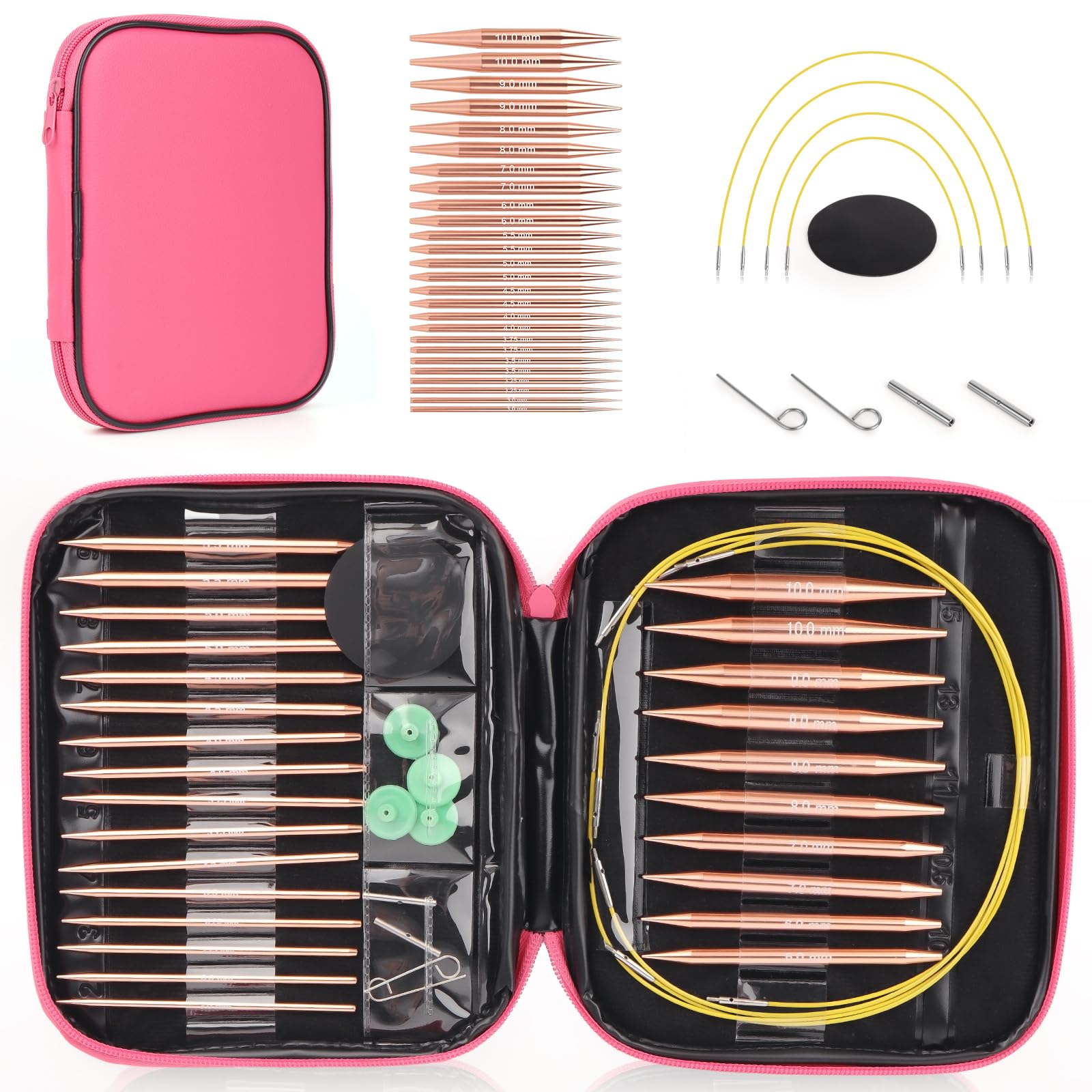 Juego de agujas circulares intercambiables, 13 pares (26 piezas) de agujas de tejer de aluminio de oro rosa, tamaños de 3 mm a 10 mm, estuche de agujas de tejer y accesorios para principiantes y