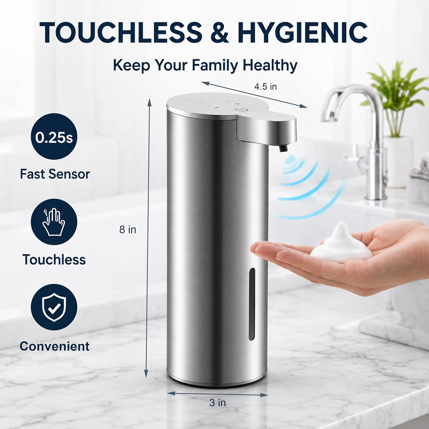 Automatic Foaming Hand Soap Dispenser, Rechargeable Stainless Steel Touchless Soap Dispenser, 4 Foam Levels, 350 mL, Wall Mount or Countertop Soap Pump for Kitchen Bathroom image 2