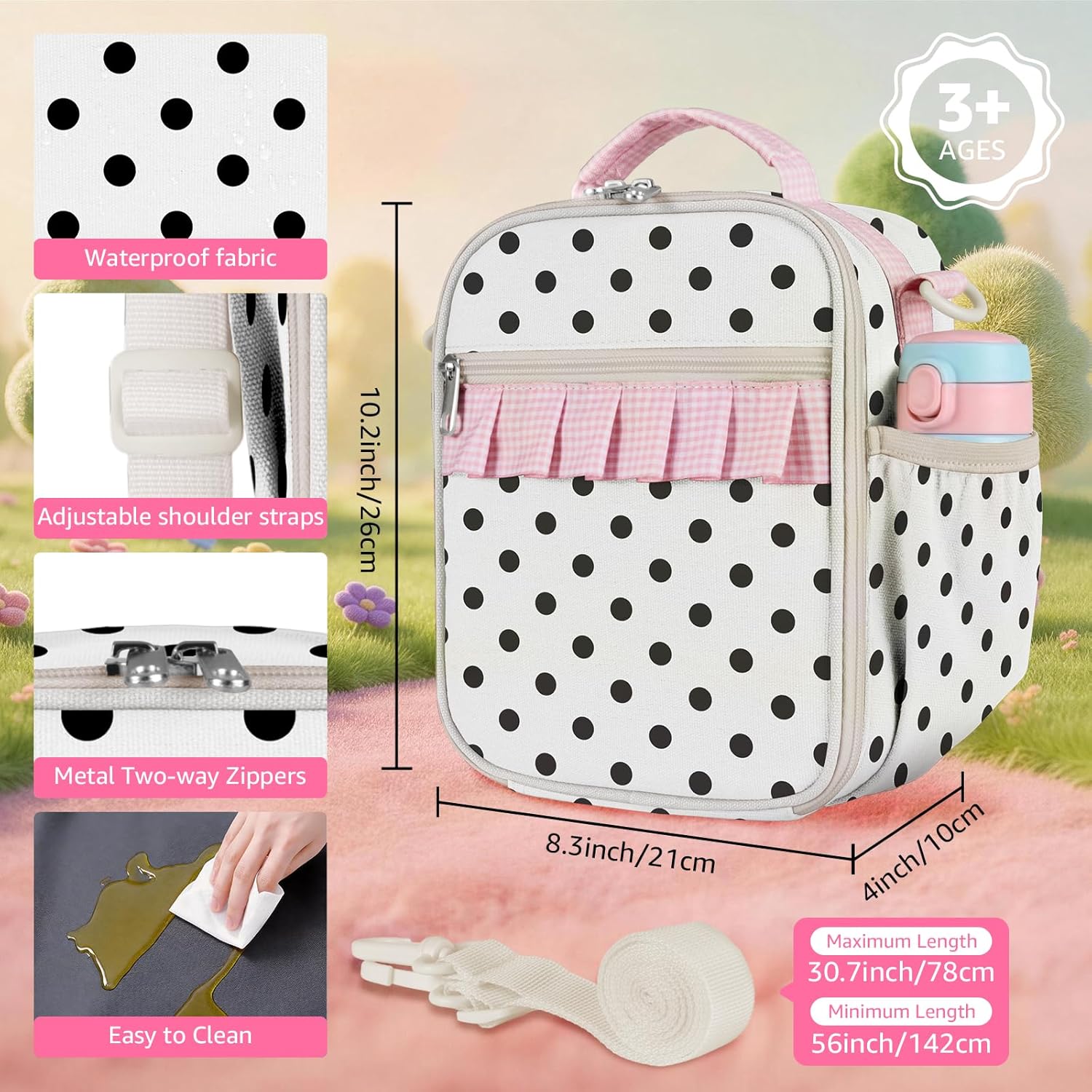 Lunch Bag for Girls Women Cute skirt hem Reusable Insulated Lunch Box Large Capacity Cooler for Work Picnic Travel (Polka Dots)
