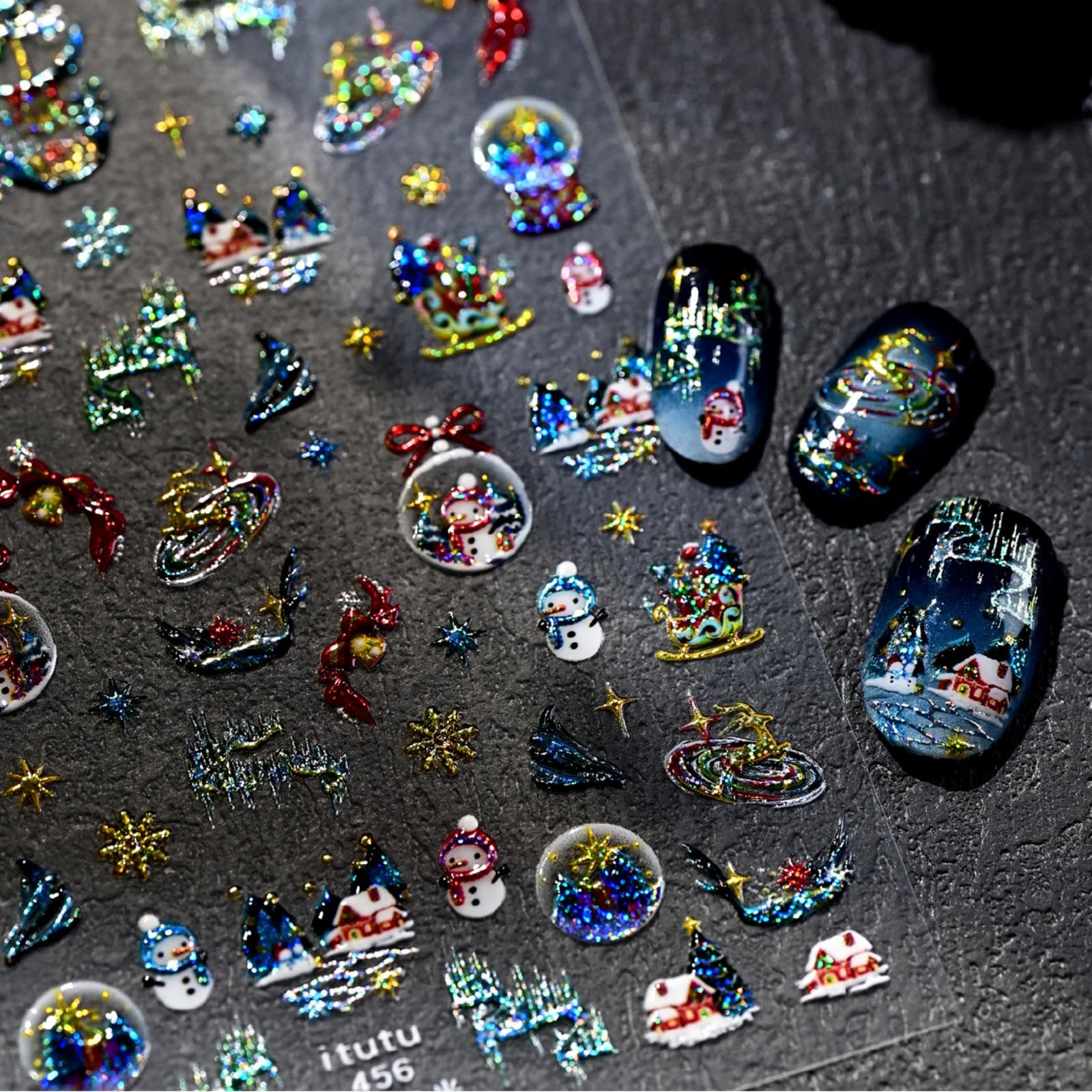 Christmas Crystal Ball Nail Stickers Snowman Nail Art Stickers with Gold Design 5D Embossed Self Adhesive Nail Decals for Nails Art Xmas Manicure Decoration Accessories for Women Girls