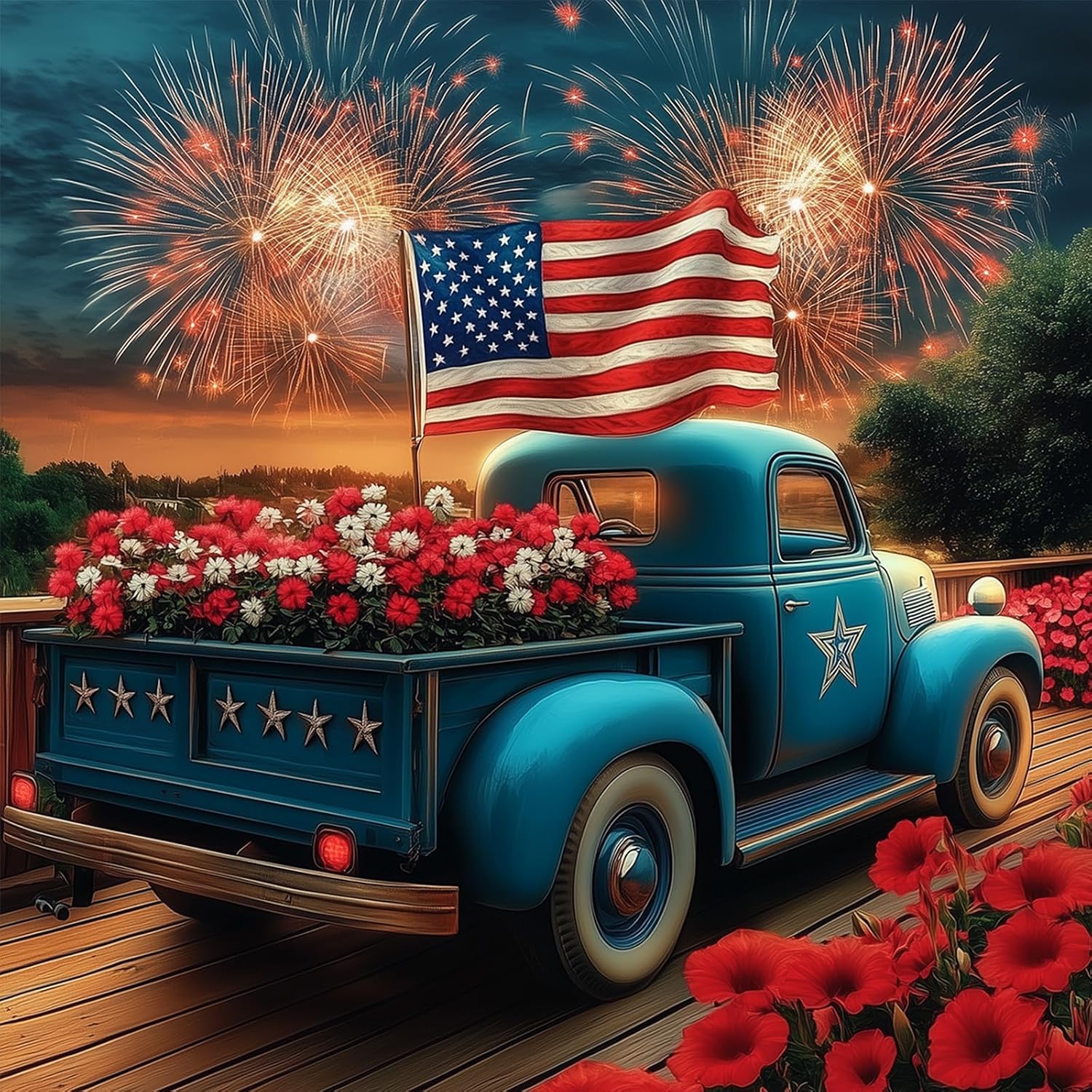 NAIMOER Independence Day Diamond Art Kits for Adults Beginner, 4th of July US 5D Diamond Painting Kit, Truck Full Drill Gem Art DIY Paint by Diamonds Dot, Crafts for Home Wall Decor 12x12inch