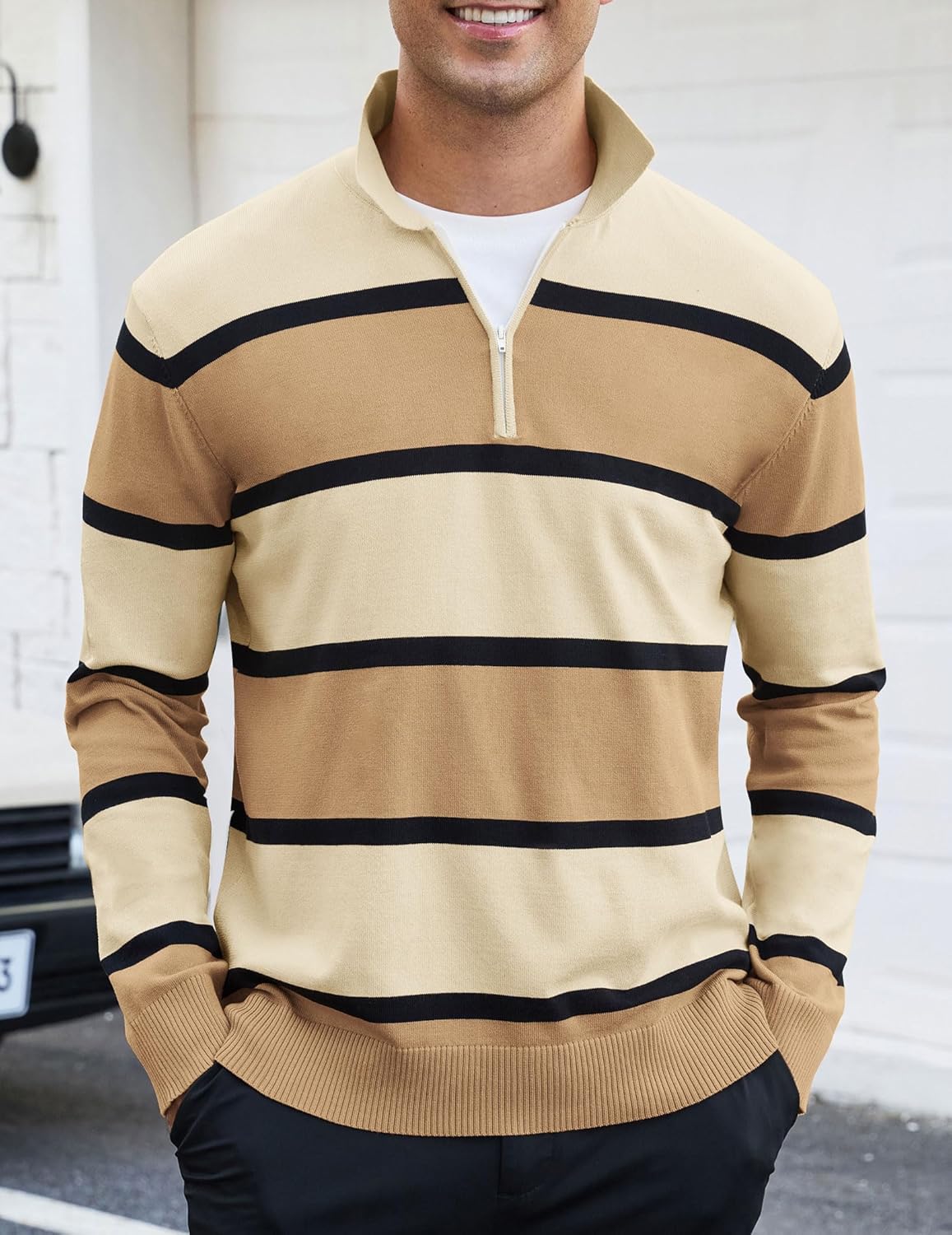 EDITCOZY Men Casual Polo Shirts Vintage Striped Golf Shirts Knit Rugby Shirt Lightweight Polo Sweater - Image 4