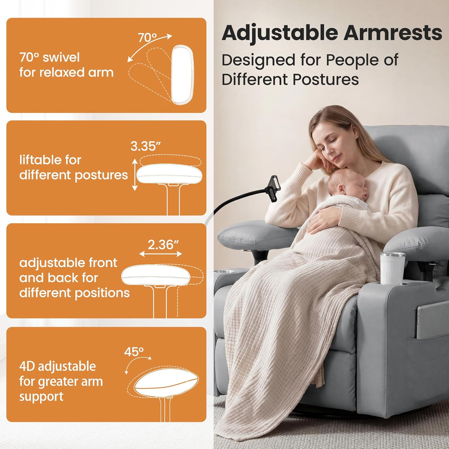 Power Rocking Chair Nursery with Adjustable Armrests and Headrest, Swivel Rocker Recliner with Electric Lumbar Support, Glider Recliners for Breastfeeding, Nursing Chair with USB, Cup Holder, Gray