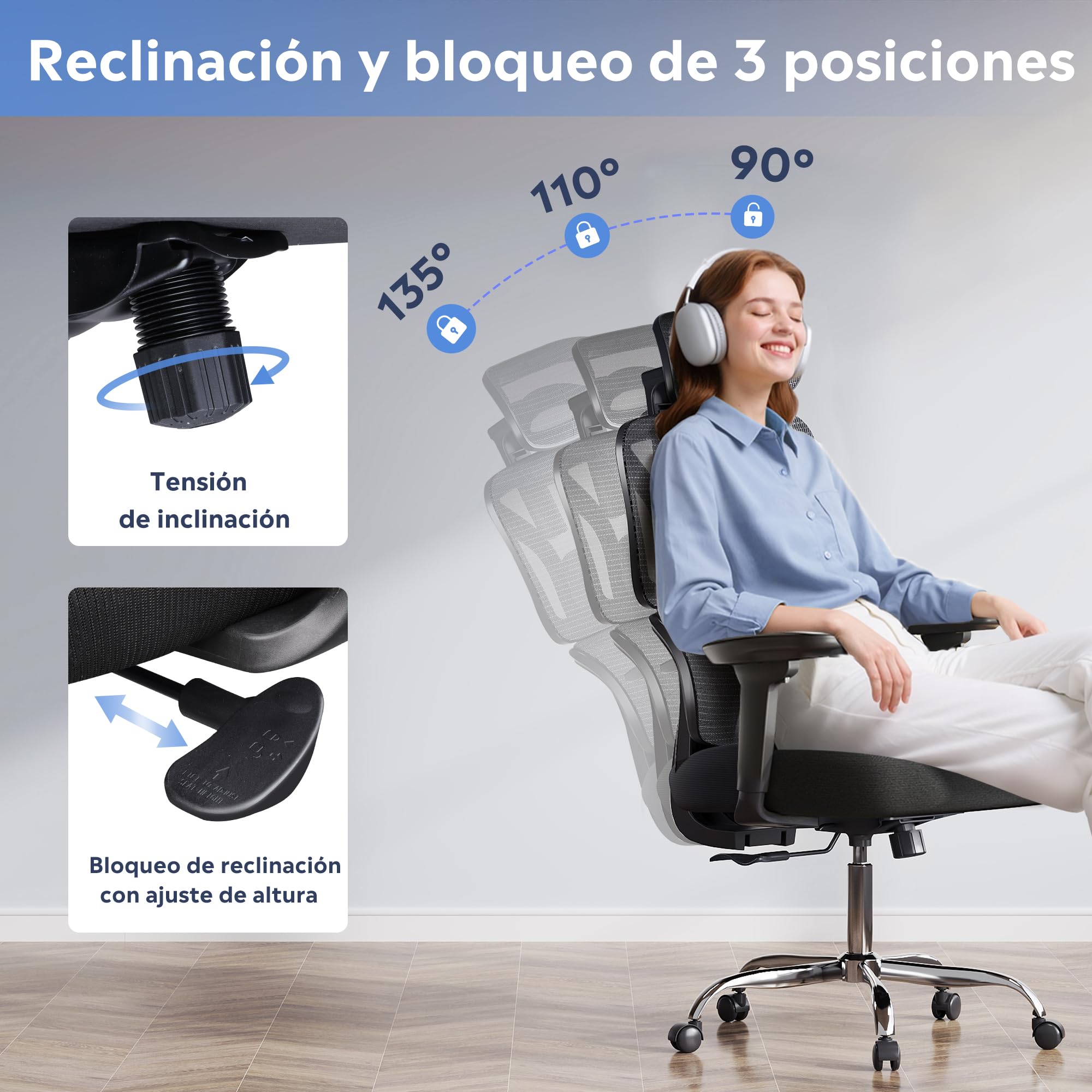DEVAISE Silla de Oficina Ergonómica, Reposacabezas 3D y Reposabrazos 3D de Rebote, Inclinación 90°-135°, Malla Transpirable, Soporte hasta 180 kg, Altura Ajustable para Oficina, Negro