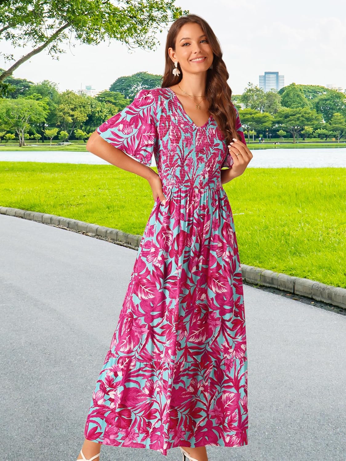 Seta T Women's Summer Dresses Casual Floral Short Sleeve V Neck Smocked Flowy Maxi Dress with Pockets - Image 3