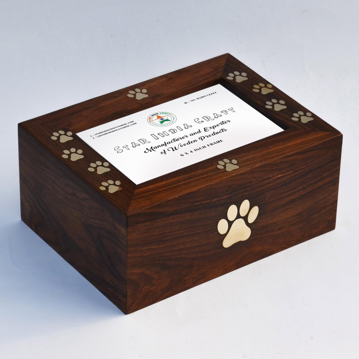 Brass Paws Inlaid Cremation Urns for Ashes by STAR INDIA CRAFT | Photo Frame Rosewood Pet Urns for Dogs - Keepsake Your Memories Alive with Wooden Keepsake Box,A Perfect Wooden Box for your Loved Ones