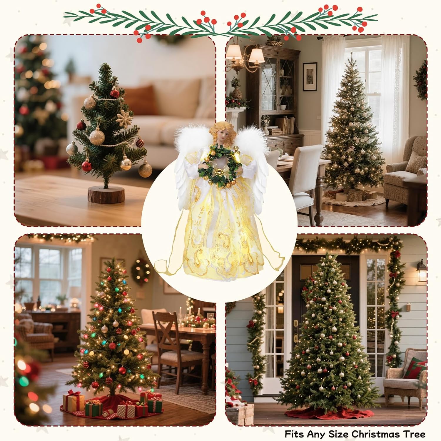 Christmas Tree Topper Angel with Lights - 15.7 Inch Angel Tree Topper with Timer - Battery Powered Tree Topper Angel for Indoor Office and Home Holiday New Year Tree Decoration