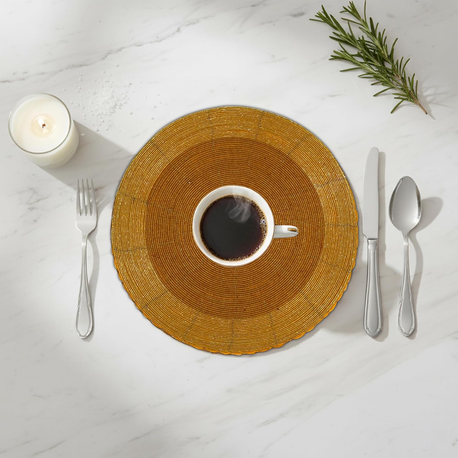 Lightnpro Beaded Placemats Set of 4-13 Inch Round Rustic Farmhouse Charger Plates - Handmade Decorative Glitz Table Mats for Dining Table, Holiday Events, Centerpieces & Everyday Use - Mustard