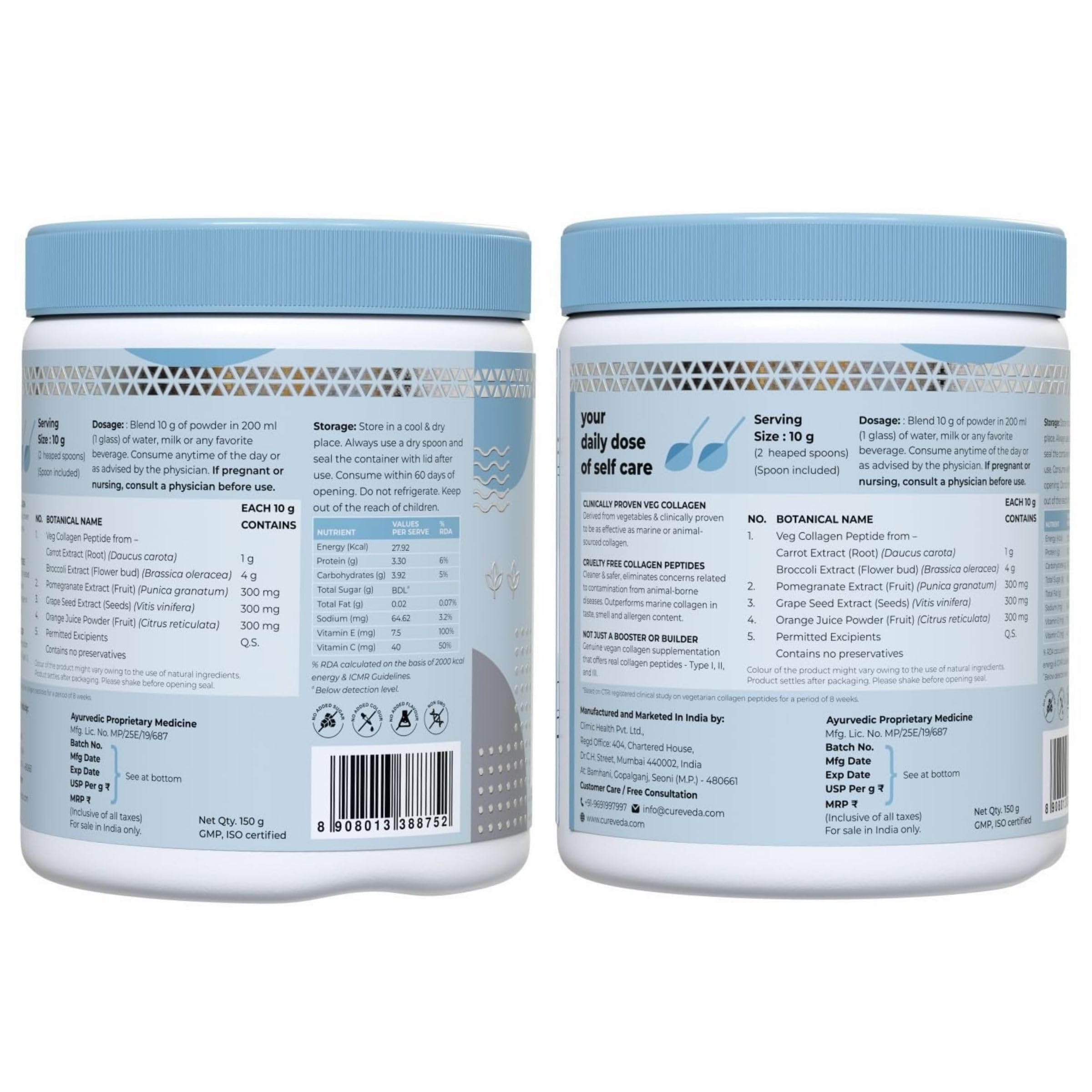 Cureveda Veg Collagen 5000mg Collagen Peptide with added Vitamin C & E, Grapeseed Extract For Healthy Skin, Hair & Nails | Men & Women - 150 gm Powder Unflavoured — Amazon image 9