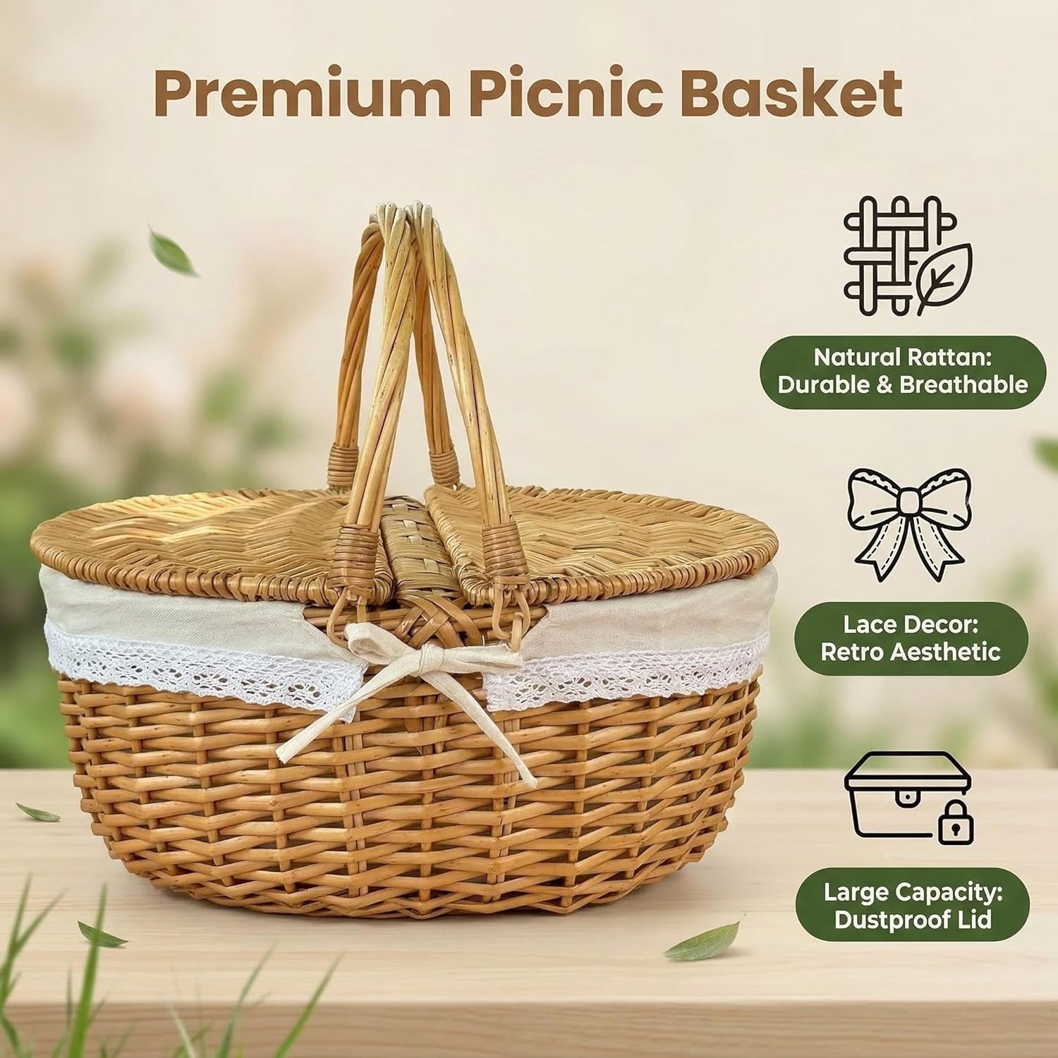 Wicker Picnic Basket with Blankets,Empty Picnic Baskets with Lid,15" Vintage-Style Picnic Hamper with Folding Woven Handle for Camping,Outdoor,Picnic, Birthday,Halloween, Thanks Giving,Canasta De
