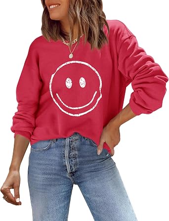 ReachMe Womens Smile Face Sweatshirt Cute Trendy Graphic Sweatshirts Casual Loose Long Sleeve Crewneck Pullover Tops