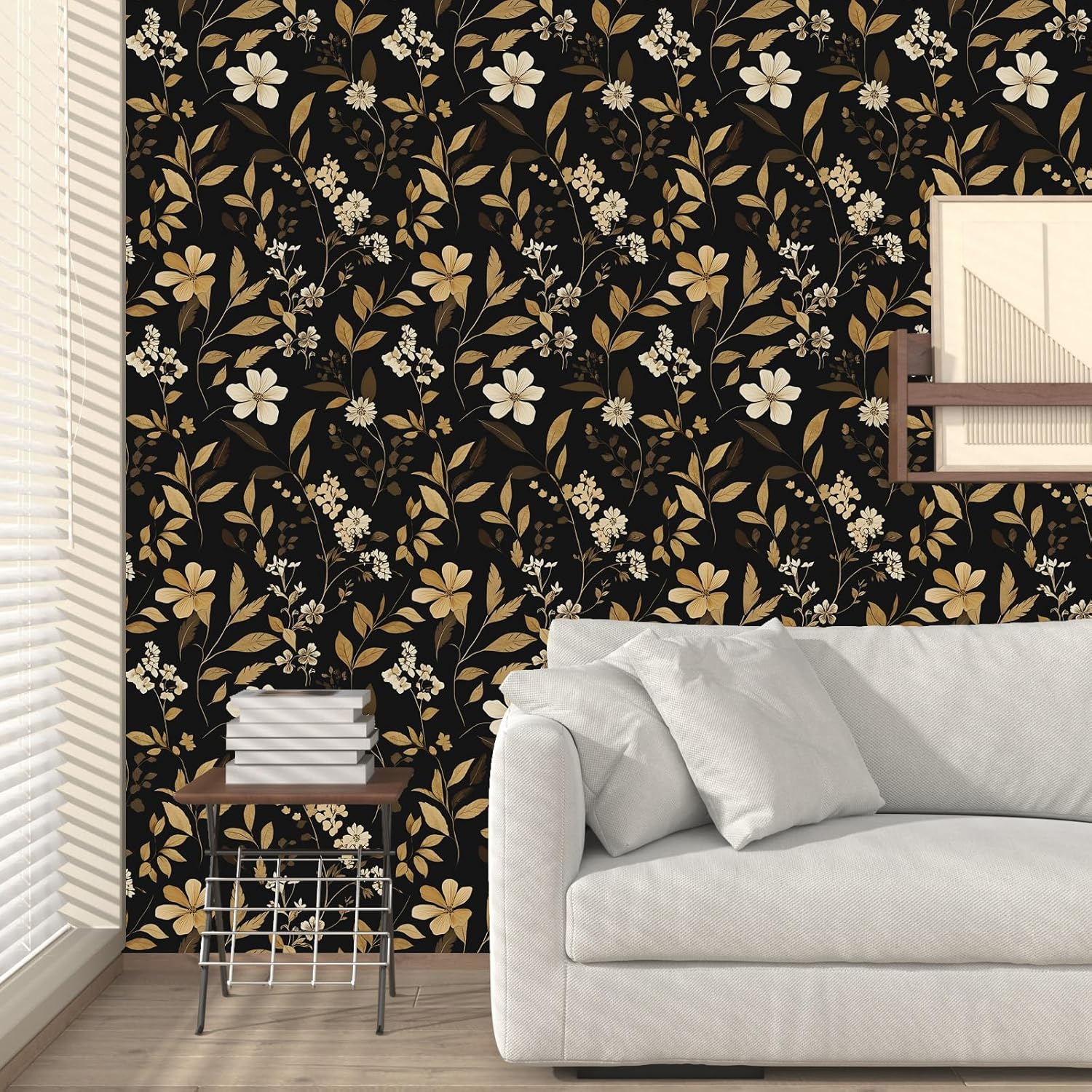 Fvlow Black Gold Floral Wallpaper Retro Peelable Wall Paper 17.4" x 394"Vintage Dark Contact Paper Renter Friendly Covering for Bedroom Bathroom Cabinet Home Decor