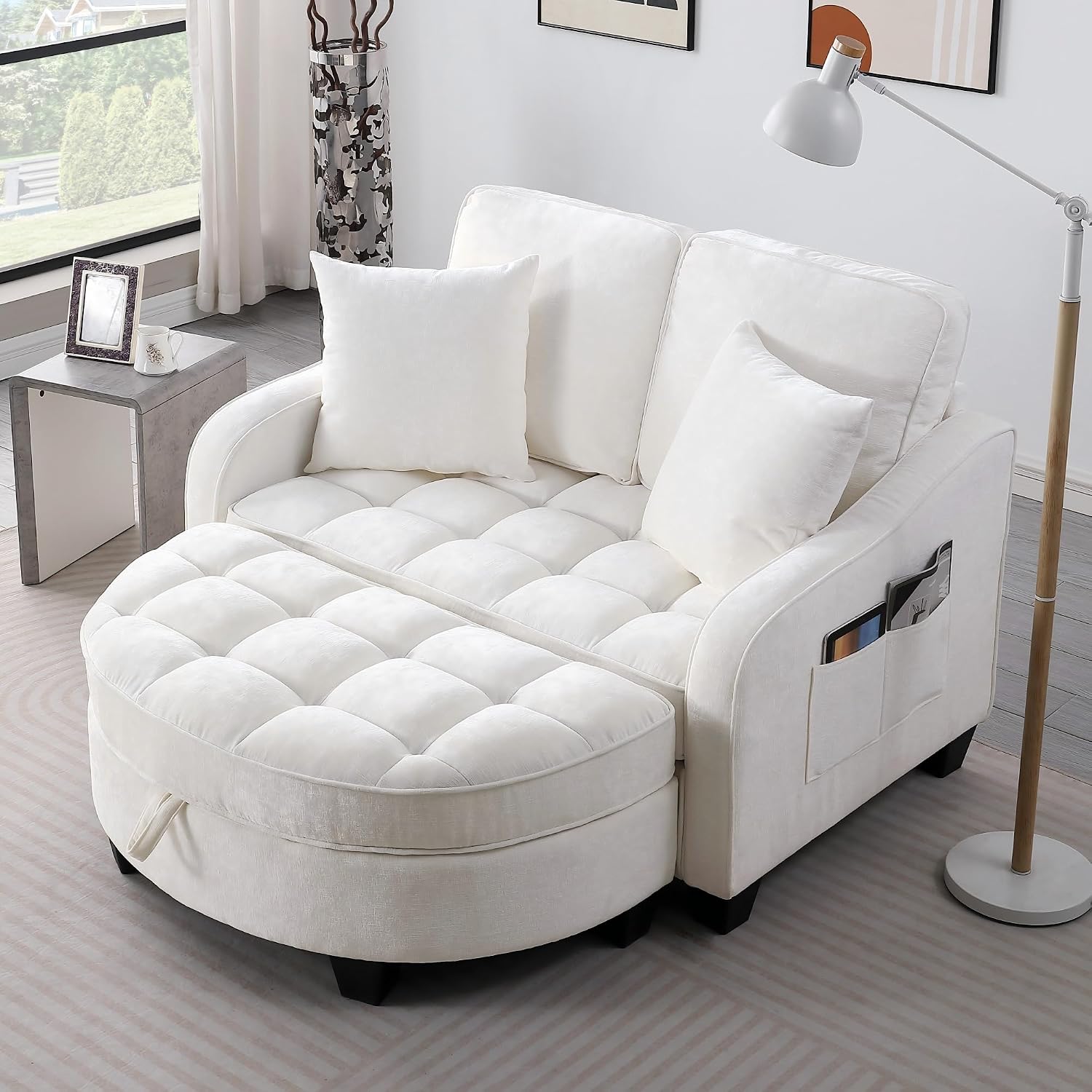Two-Seater Sofa, Ergonomic and Backrest Design, Ottoman with Storage, Includes 2 Cushions, Double Sofa Chaise Longue, Crafted from Soft Corduroy Fabric, Suitable for Living Room and Bedroom,Beige