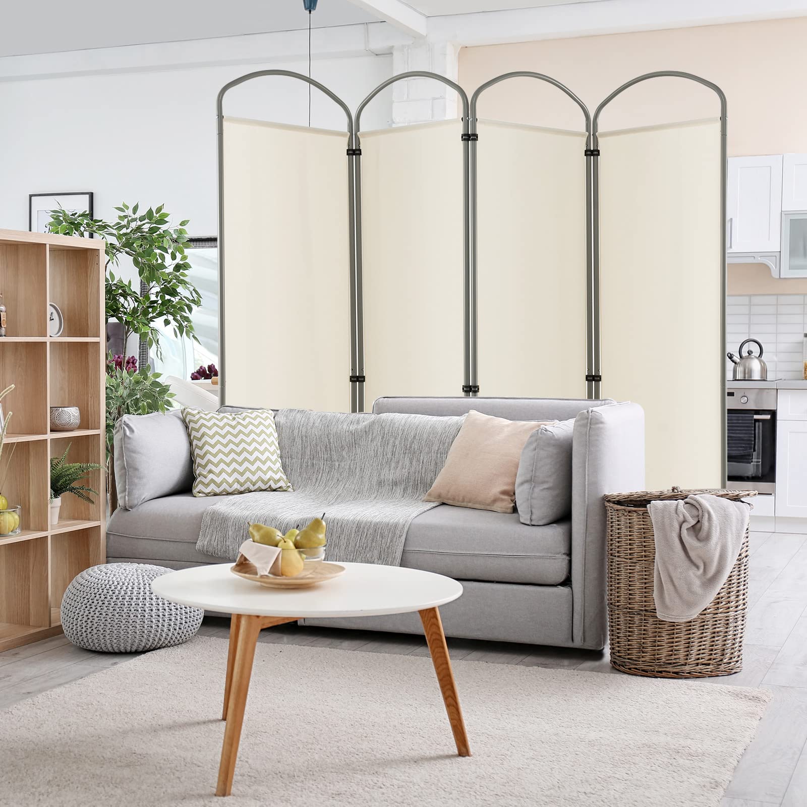 GOPLUS Biombo Separador de Ambientes de 6/4 Paneles, Biombo Plegable para Privacidad con Marco de Metal, Divisor de Habitación Portátil para Salón Dormitorio Oficina (Blanco, 4 Paneles, 221 x 188 CM)