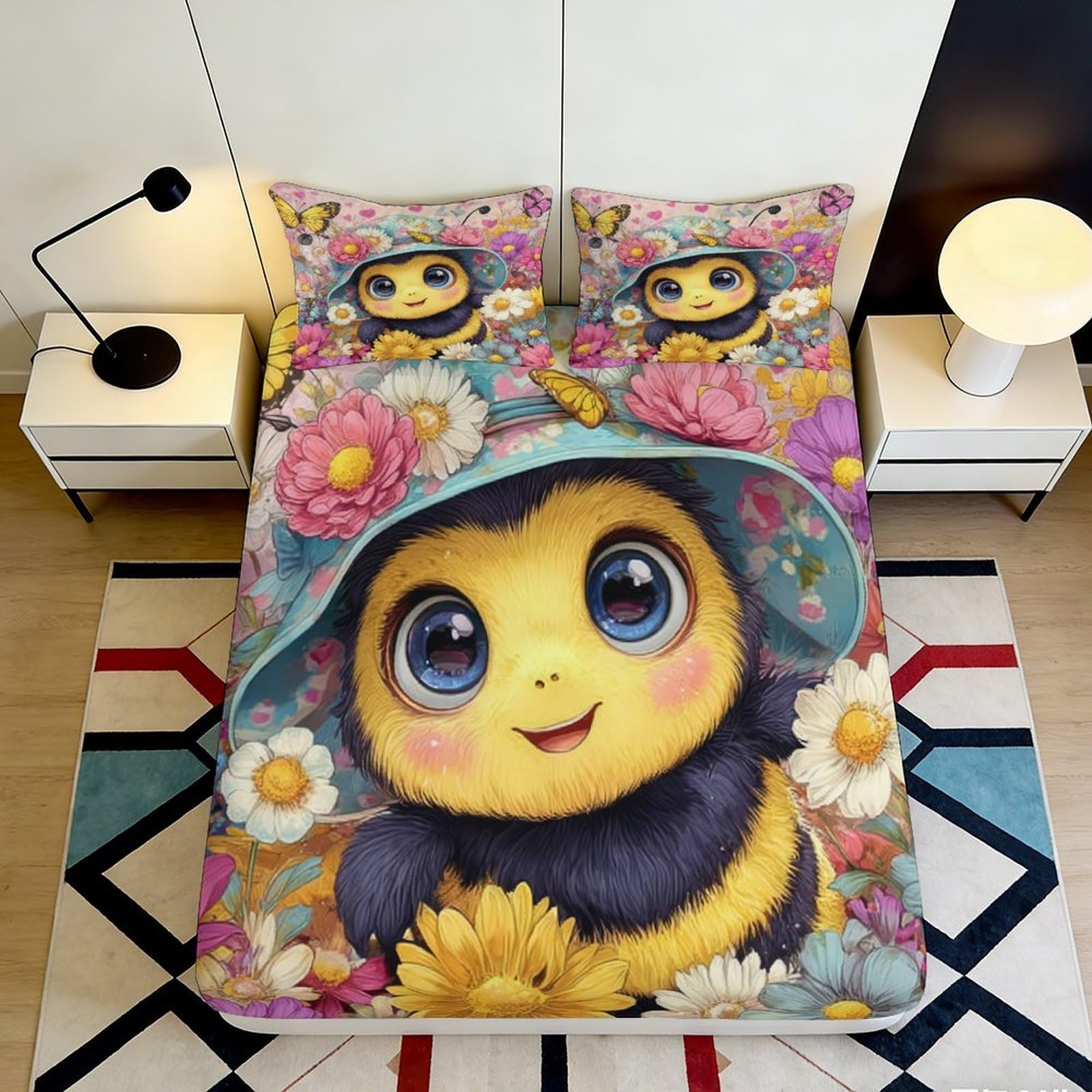 3D Printed Cute Bee Fitted Sheet Microfiber Yellow Floral Cartoon Mattress Cover for Bedroom Dorm Decorative Protection 90x200x25cm