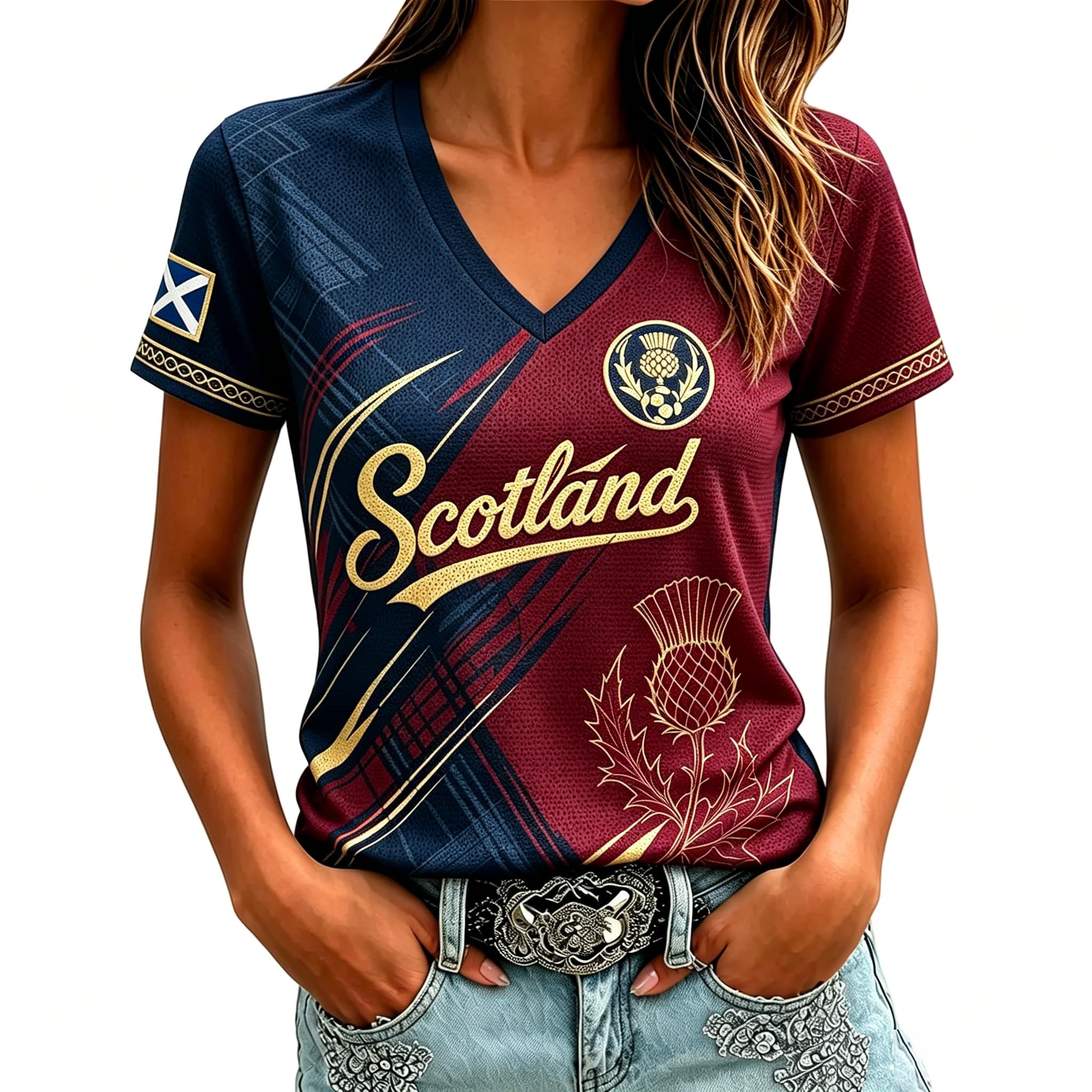 Scotland Football Shirt Womens Soccer Cup Short Sleeve Jersey Retro Graphic Printed V-Neck England Football Fan Top Ladies Scotland T-Shirt Lightweight Breathable Summer Training Sports Clothing