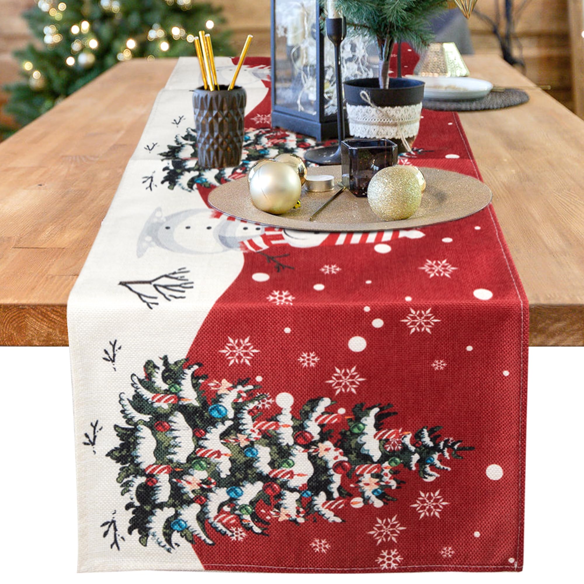 Camino de Mesa Navidad, Mantel Lino para Mesa de Navidad, Decoración de Mesa Patrón Navideño Bordado Algodón Rojo para Decoración, Mesa de Cena Navidad, Fiesta