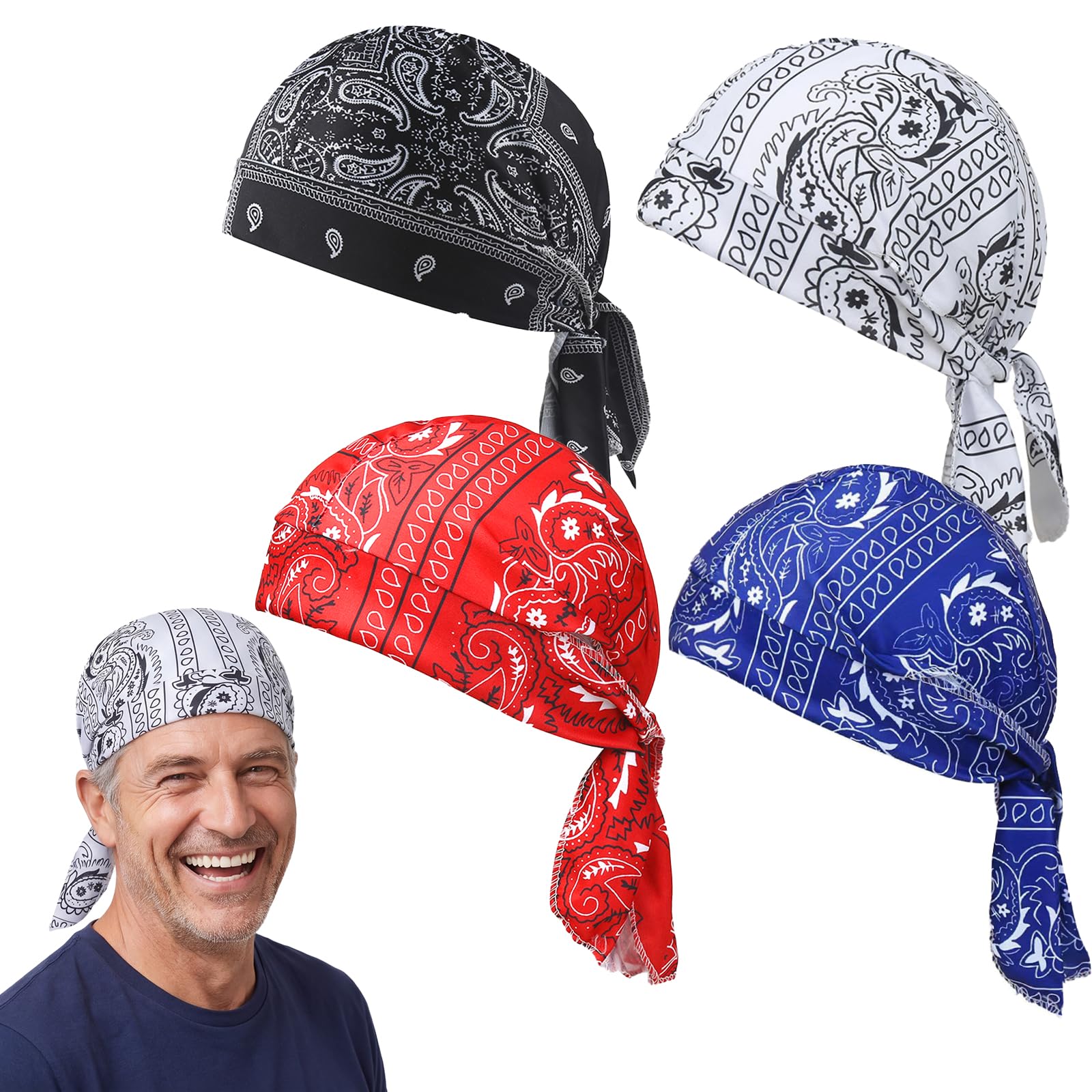 Zouwel 4-teiliges Set aus Halstuch und Mütze, kühlend, Paisley, Bandana-Mütze, atmungsaktives Helmfutter, elastische Passform, für Piratentuch auf Motorrad