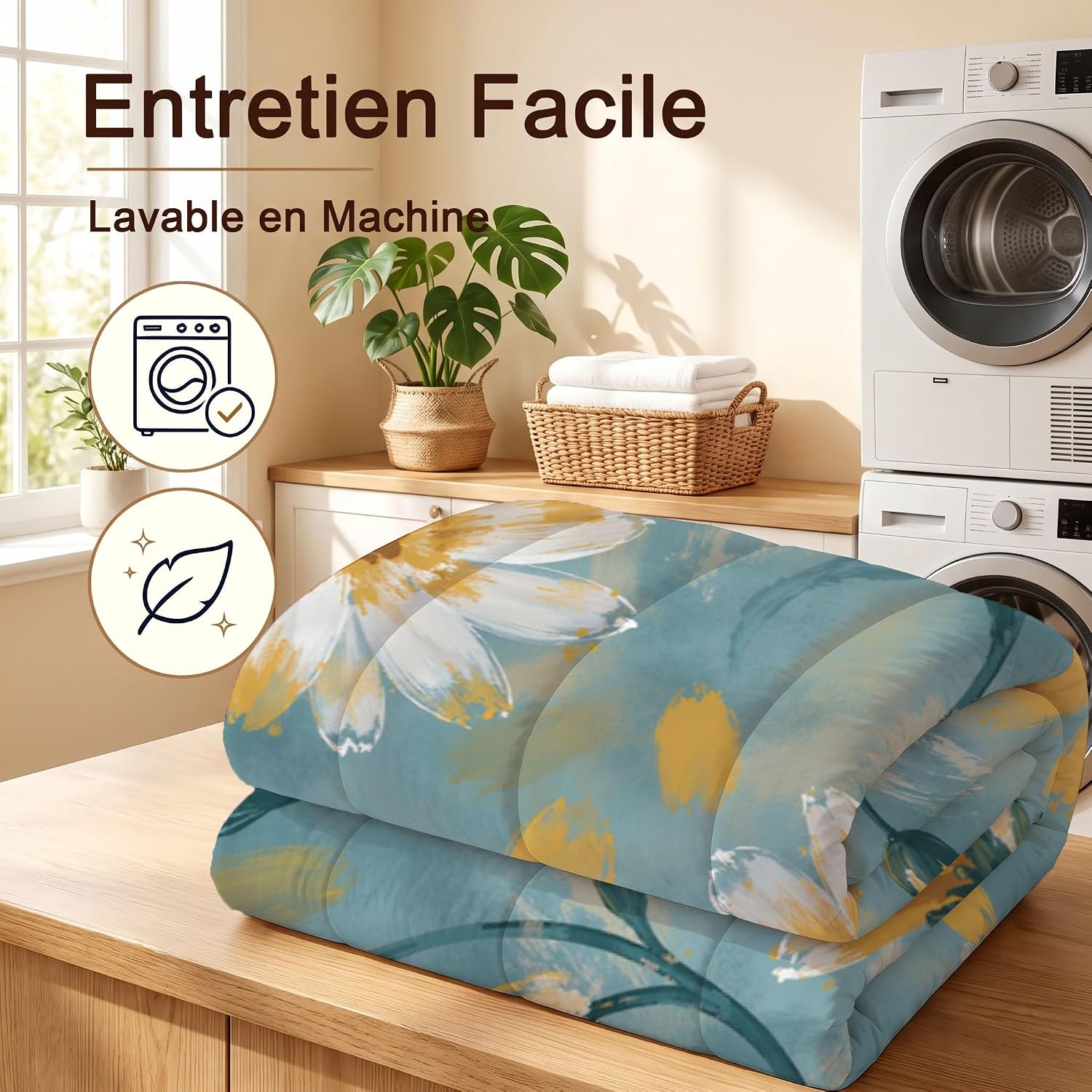 Bohemian Flowers Comforter Set Queen Size, Daisy Branches and Leaves Print Breathable Bedding Set for Girls Boys Teens, Cyan Quilt Duvet with 2 Pillow Cases