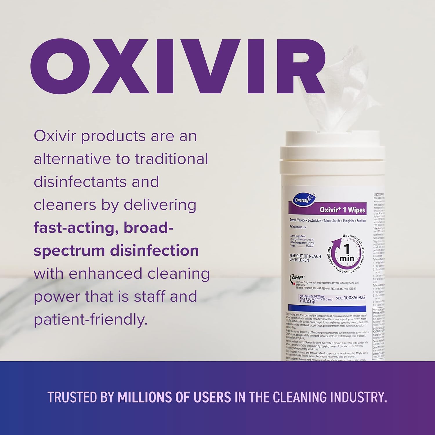 Oxivir Diversey 1 100850922 Disinfectant Cleaning Wipes, Pre-Moistened with Accelerated Hydrogen Peroxide AHP, Unscented, 60 Medium 7x8-Inch Wipes, 1-Slim Canister (Pack of 12)