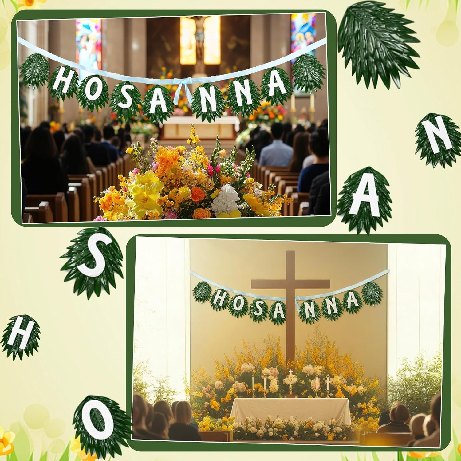 Marsui Palm Sunday Hosanna Garlands Decorations Easter Palm Leaf Religious Church Garlands Banner for Holy Week Christian Sunday School Party Shelf Fireplace Wall Decor