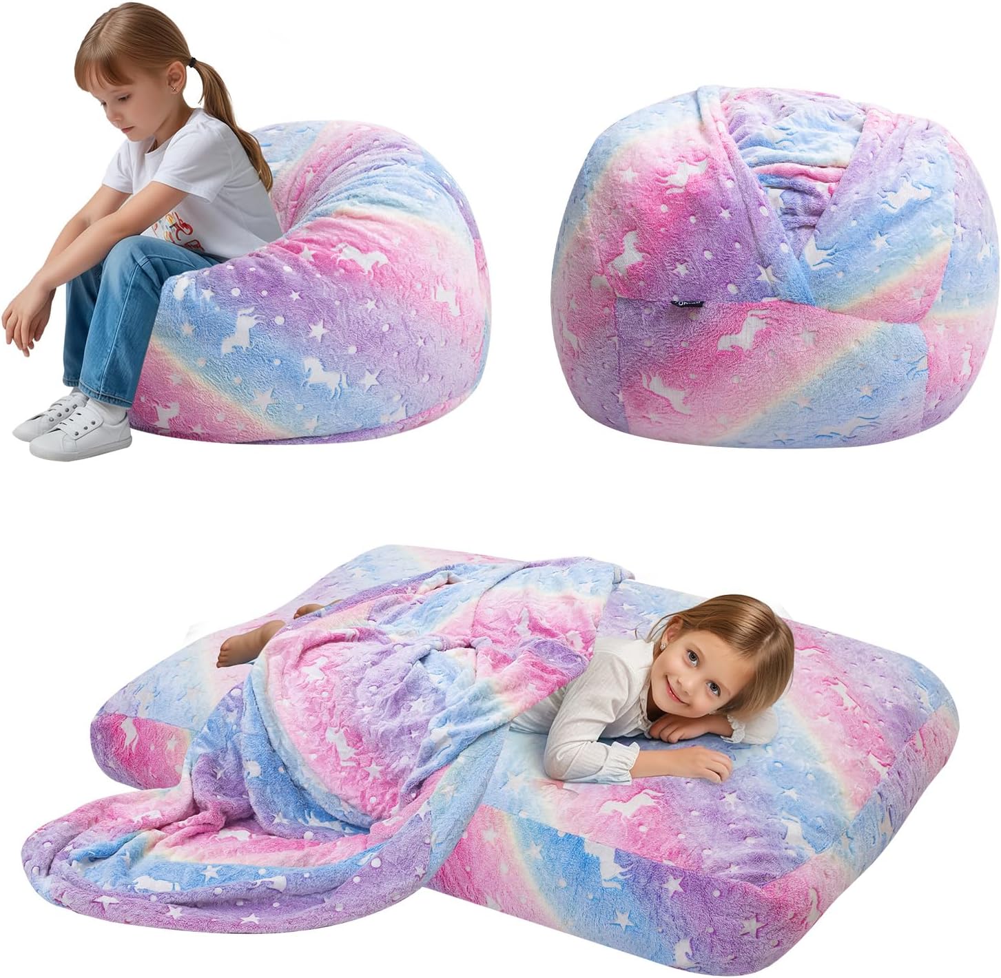 Bean Bag Chair for Kids, Toddler Beanbag Bed Unicorn, Convertible Children Bean Chair to Floor Mattress with Filler, Stuffed Child Bean Bags for Girl Boy Sleeping, Colorful Rainbow Glowing Rainbow 29.5"Dx29.5"Wx18.5"H