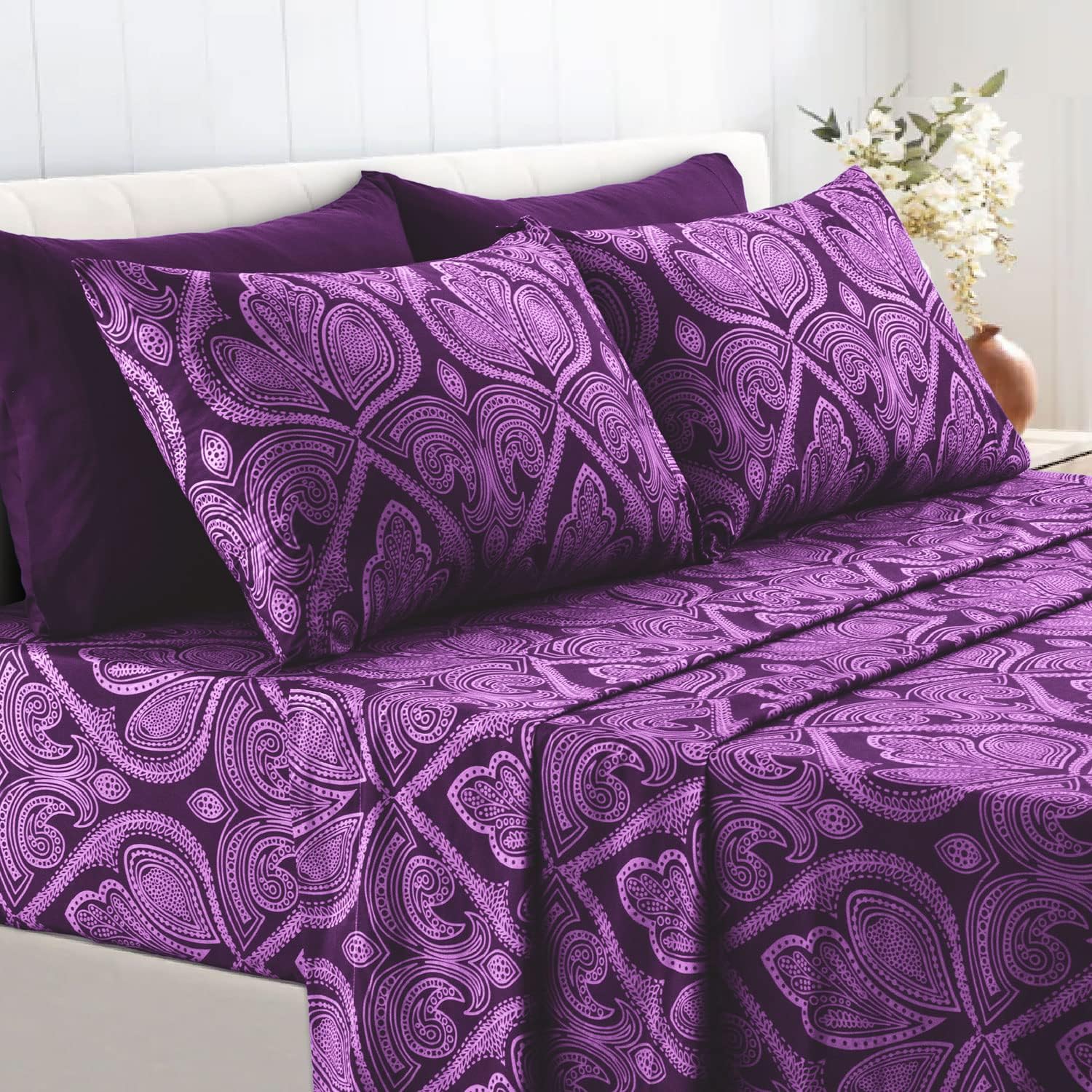 Lux Decor Collection Bed Sheets - 6 Pc California King Sheets - 1800 Thread Count Brushed Microfiber Sheets - 16 Inches Deep Pocket Bedding Sheets & Pillowcases (California King, Paisley Purple)