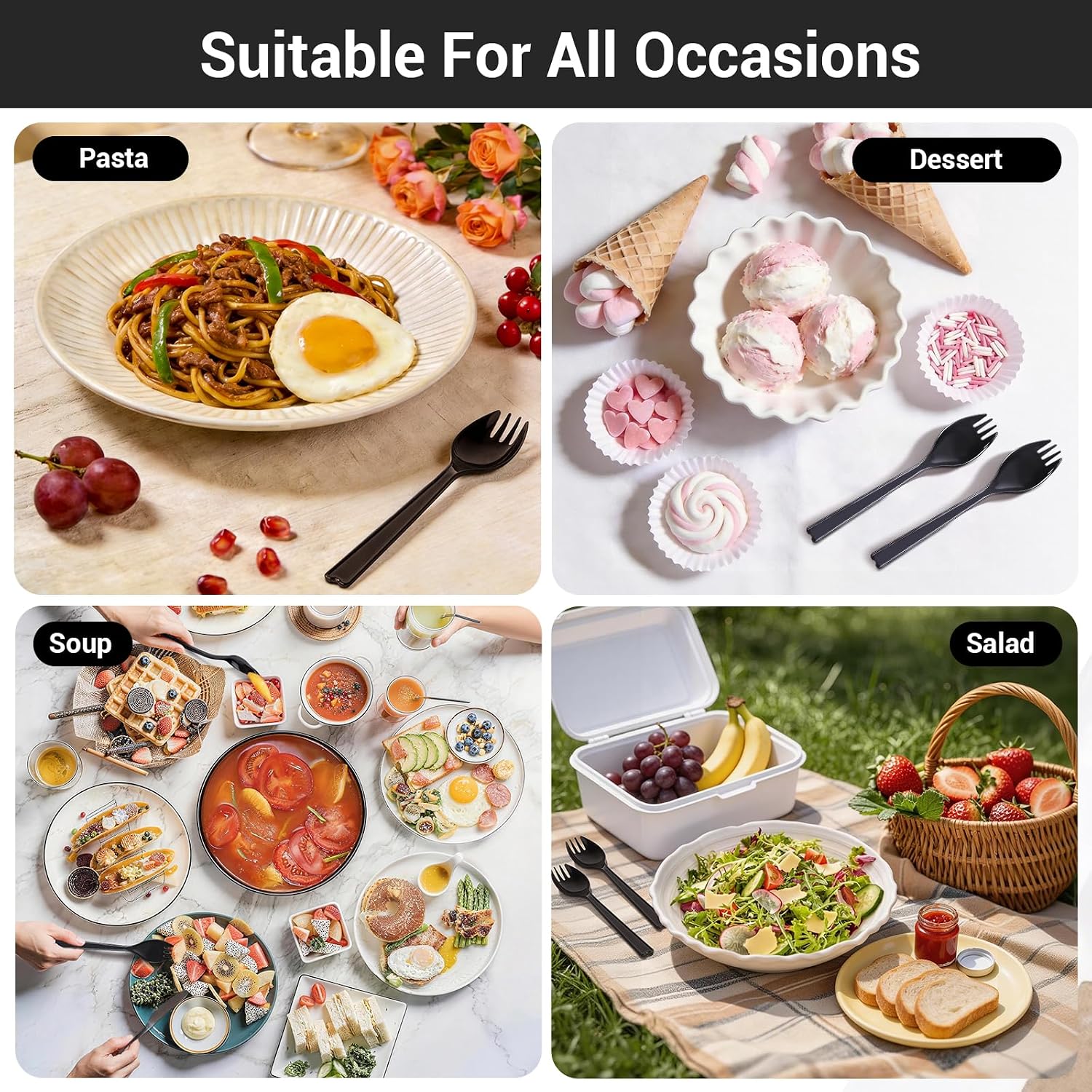 EUSOAR Plastic Spoons, 100pcs 6.3"x1.2" Disposable Long Handle Large Sporks, Heavyweight Serving Utensils Silverware Cutlery Fork Spoon Combo Bulk for Salad Dessert To-Go Wedding Birthday Catering