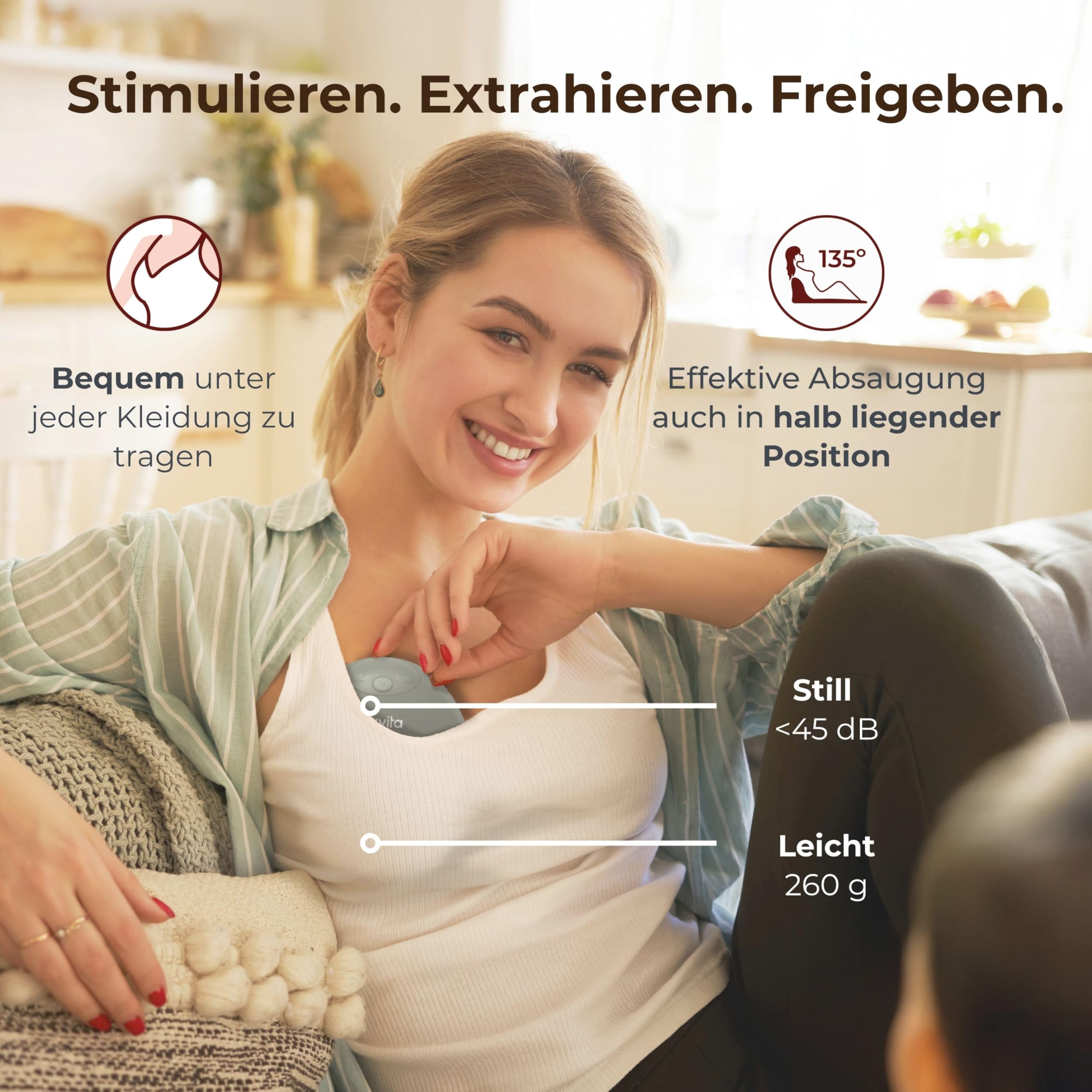 Nuvita 1264W Tragbare elektrische Milchpumpe mit 3 Stufen und Vibrationsstimulation – leise, tragbar, wiederaufladbarer USB-C-Akku, 4 vollständige Zyklen, 24-mm-Silikon-Brustglocke mit Adaptern