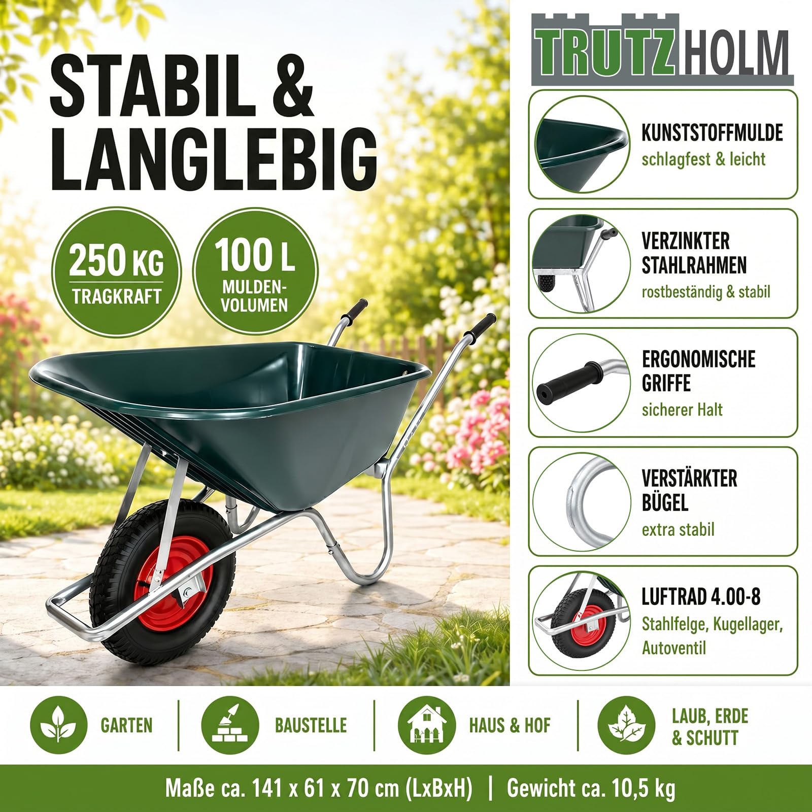 TRUTZHOLM Schubkarre 100 L 250 kg Luftrad auf Stahlfelge Kunststoffwanne Gartenschubkarre Bauschubkarre Schiebkarre