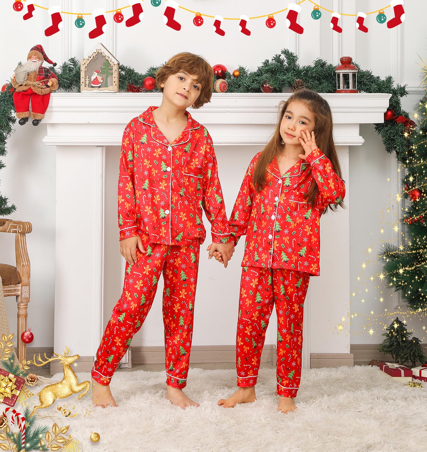 ANGELGGH Pijamas familiares de Navidad a juego, conjunto de 2 piezas de pijamas de fiesta para festivales, vacaciones, ropa de dormir cálida para parejas con botones