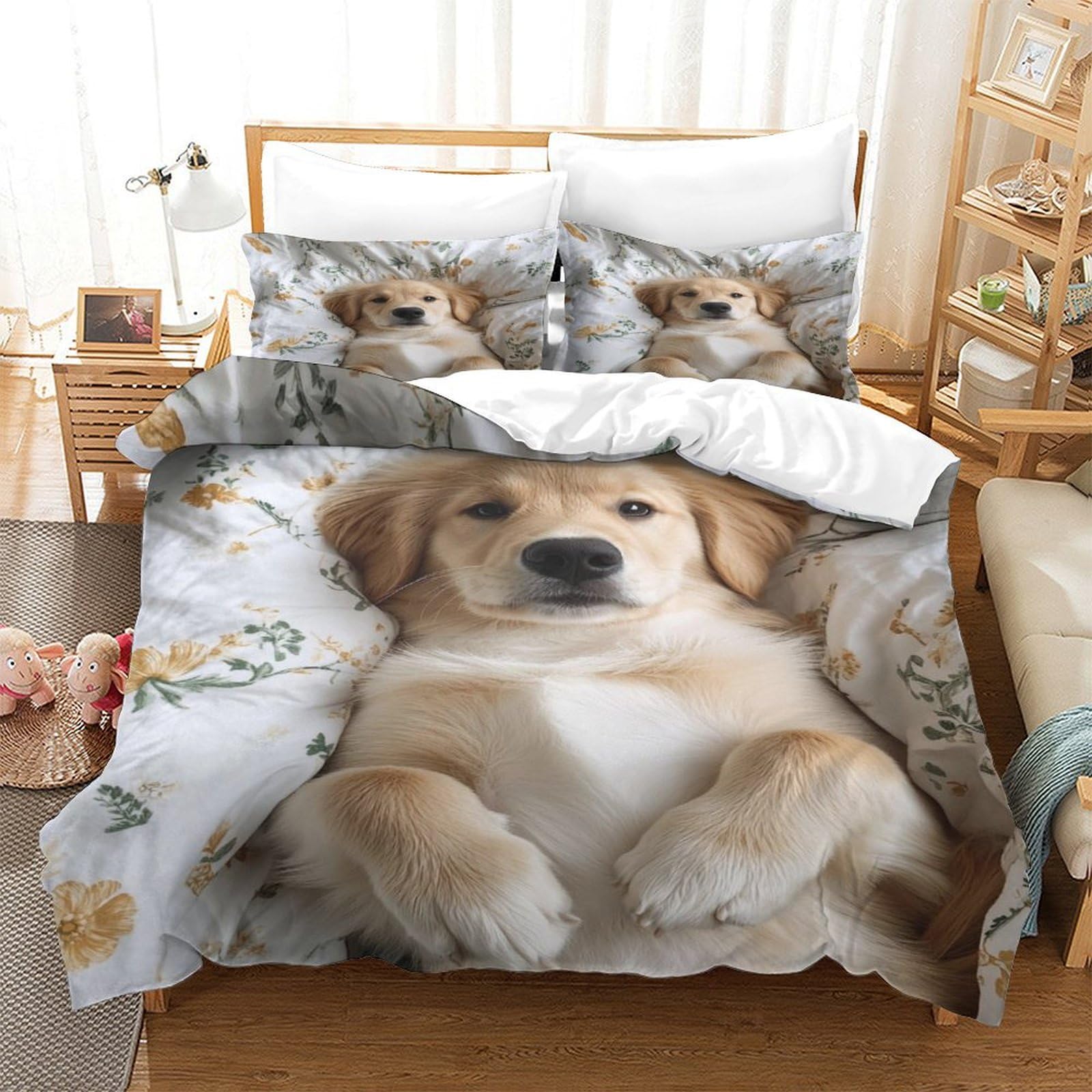 QDZHCPMYK Golden Retriever Duvet Cover Set 3 PCS Hotel Quality Quilt Cover Bedding Set Bed Covers with Pillowcases with Zipper Closure Ultra Soft Anti Allergic Microfiber King（220x240cm）